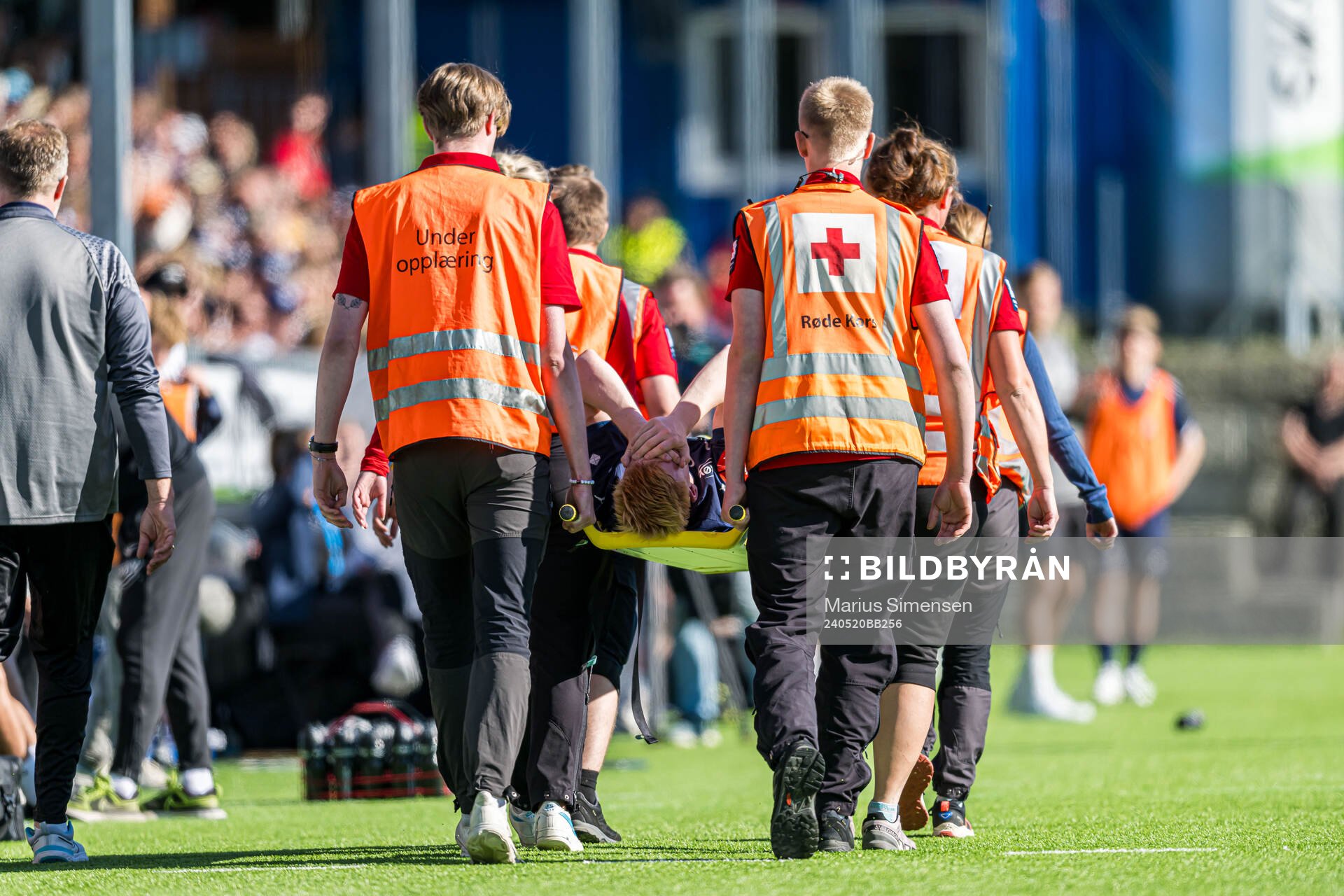 Marius Berntsen Olsen of Kristiansund in pain during the Eliteserien match between Kristiansund and Brann on May 20, 2024 in Kristiansund.