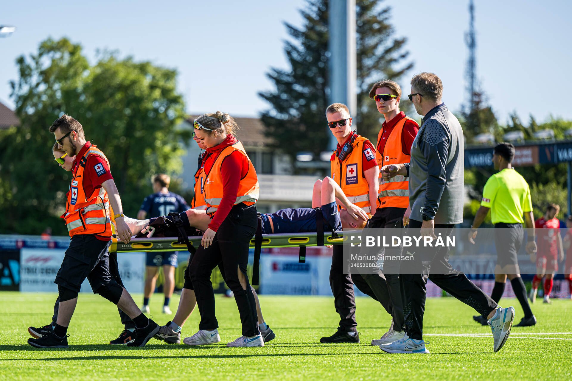 Marius Berntsen Olsen of Kristiansund in pain during the Eliteserien match between Kristiansund and Brann on May 20, 2024 in Kristiansund.