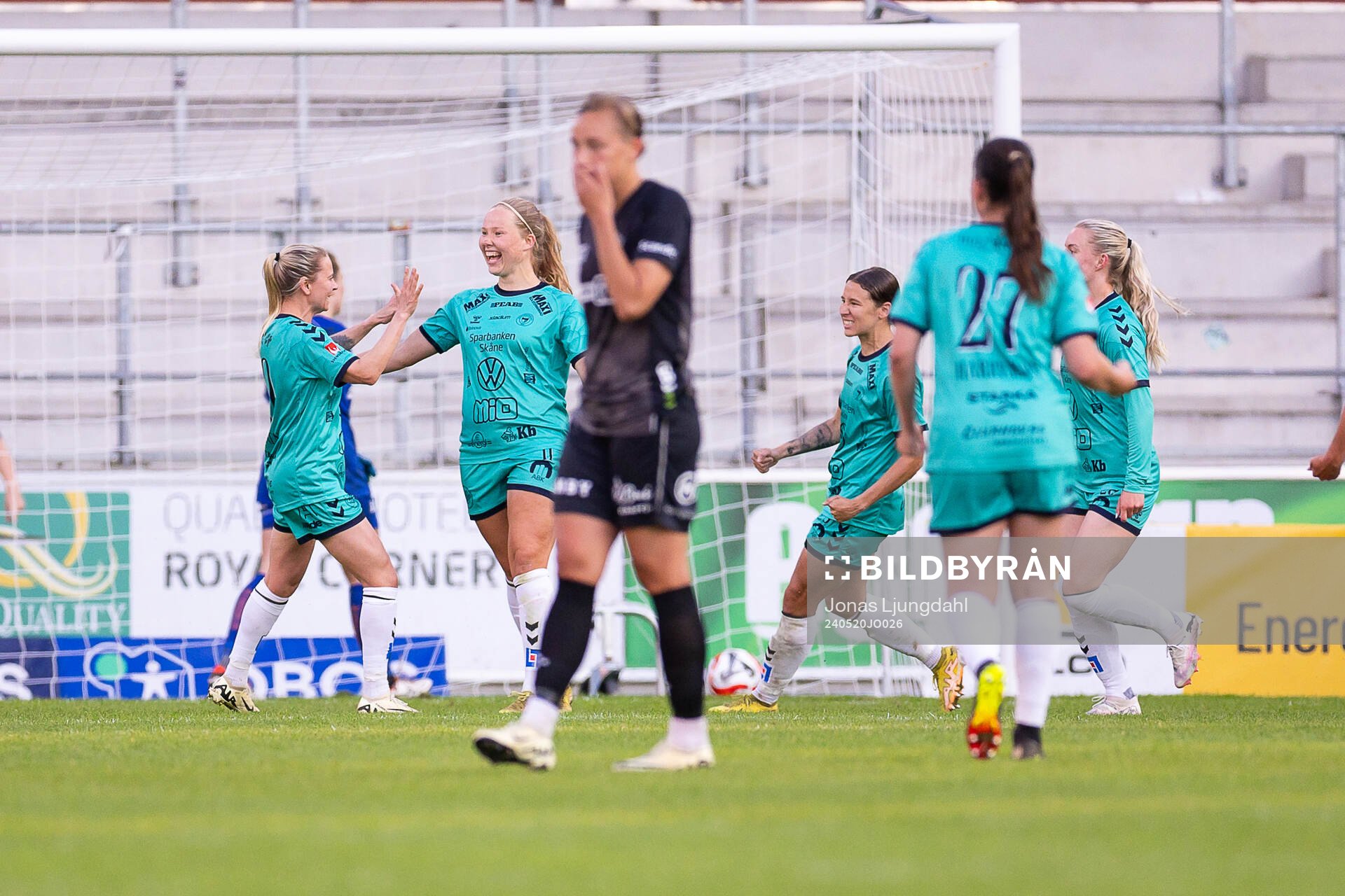 Kristianstads Hlin Eiriksdottir jublar efter sit 0-2 mål under fotbollsmatchen i Damallsvenskan mellan Växjö DFF och Kristianstad den 20 maj 2024 i Växjö. 