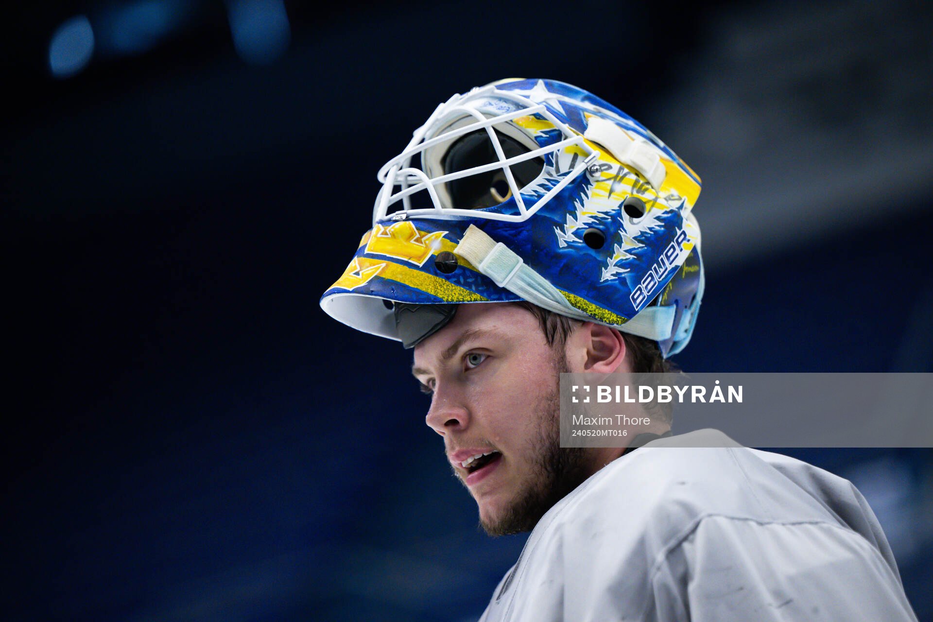 Goaltender Jesper Wallstedt of Sweden at a practice session