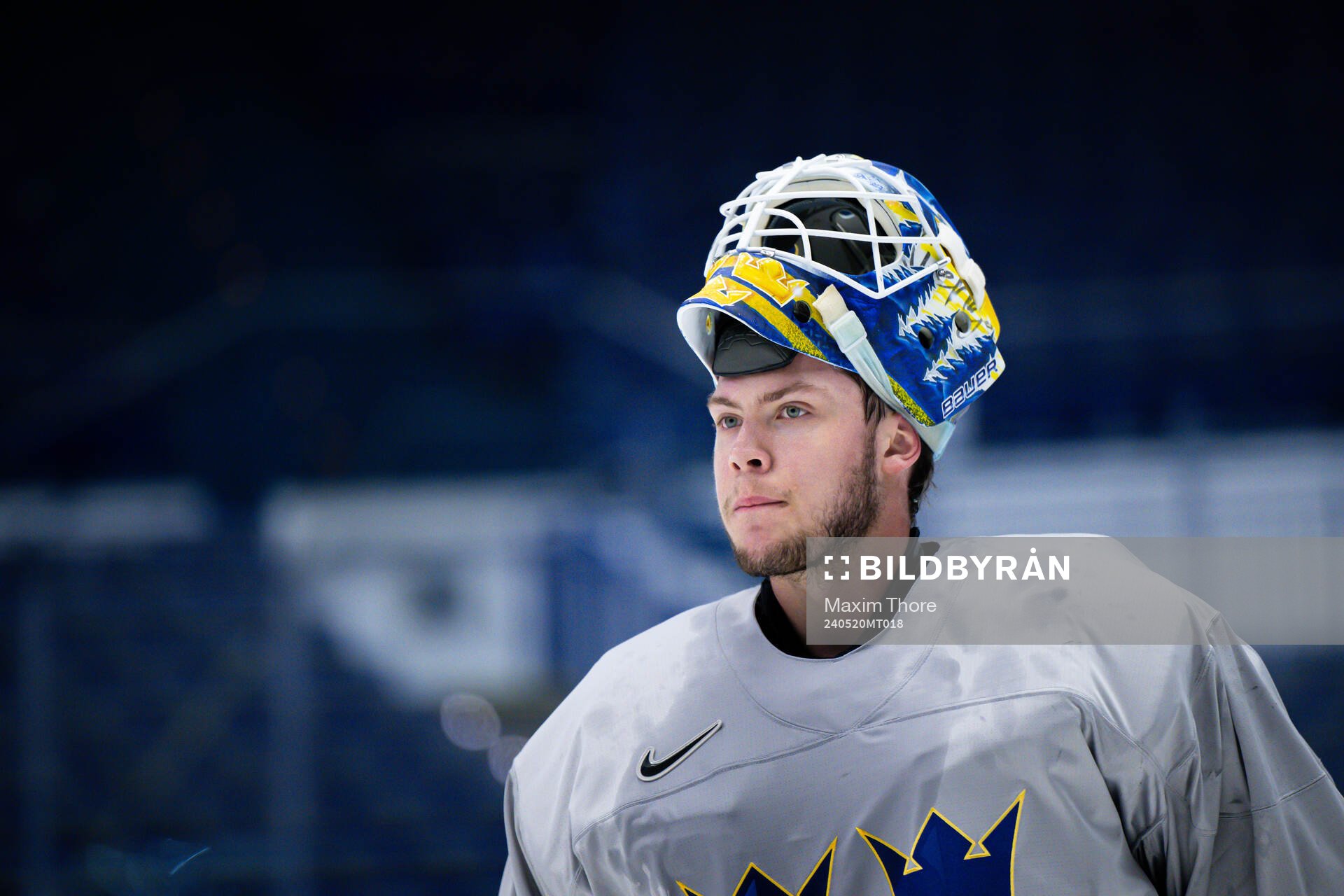 Goaltender Jesper Wallstedt of Sweden at a practice session