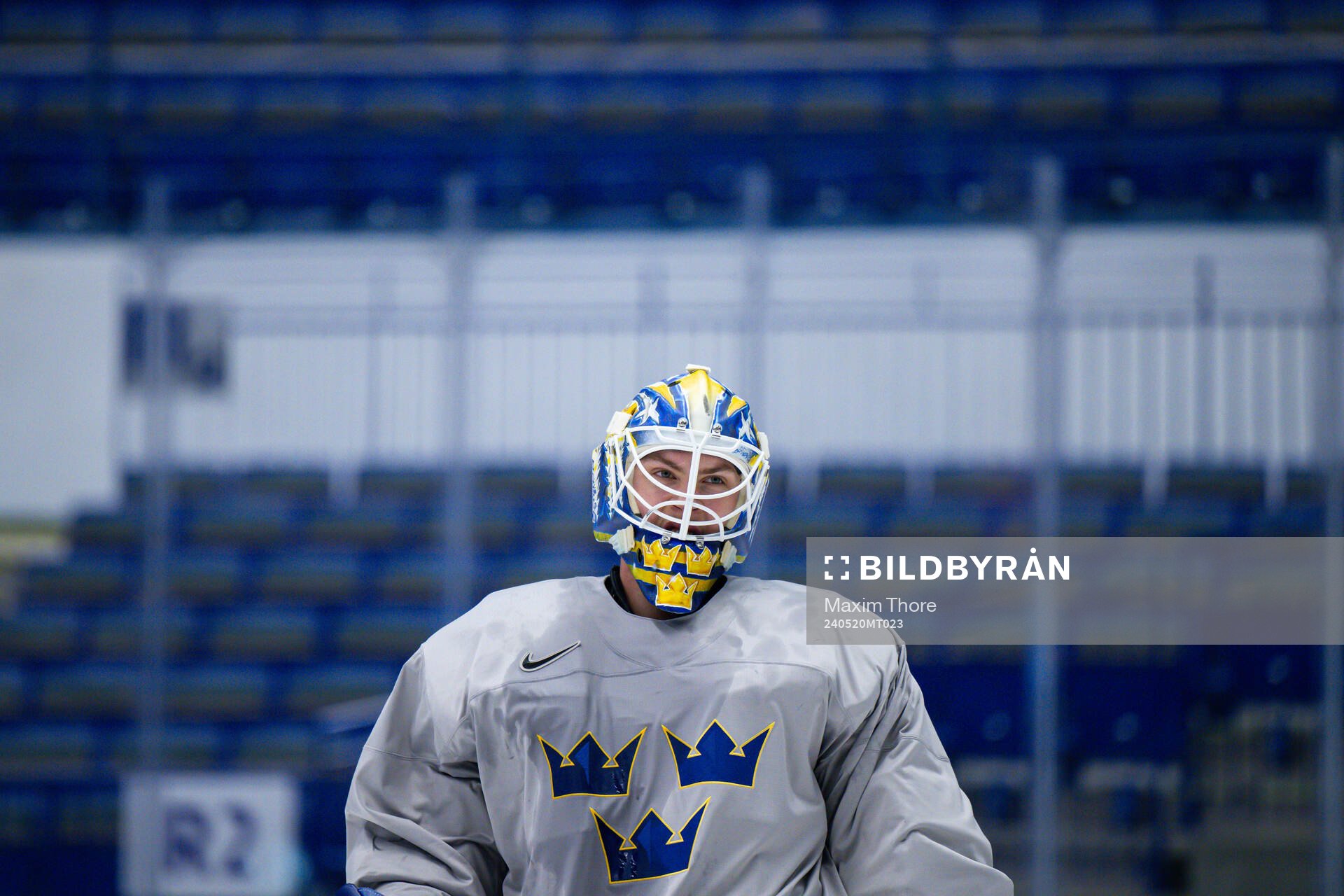 Goaltender Jesper Wallstedt of Sweden at a practice session