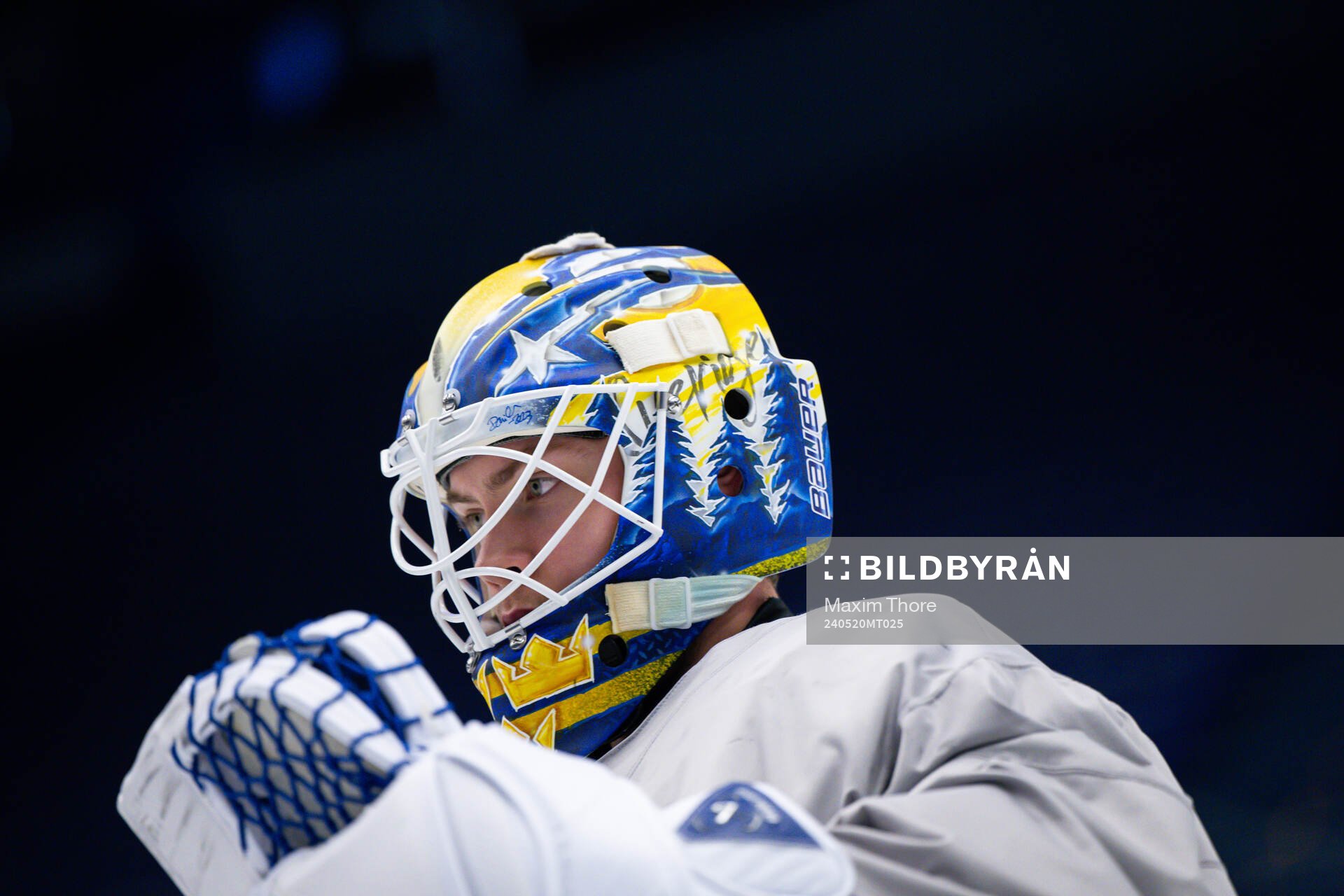 Goaltender Jesper Wallstedt of Sweden at a practice session