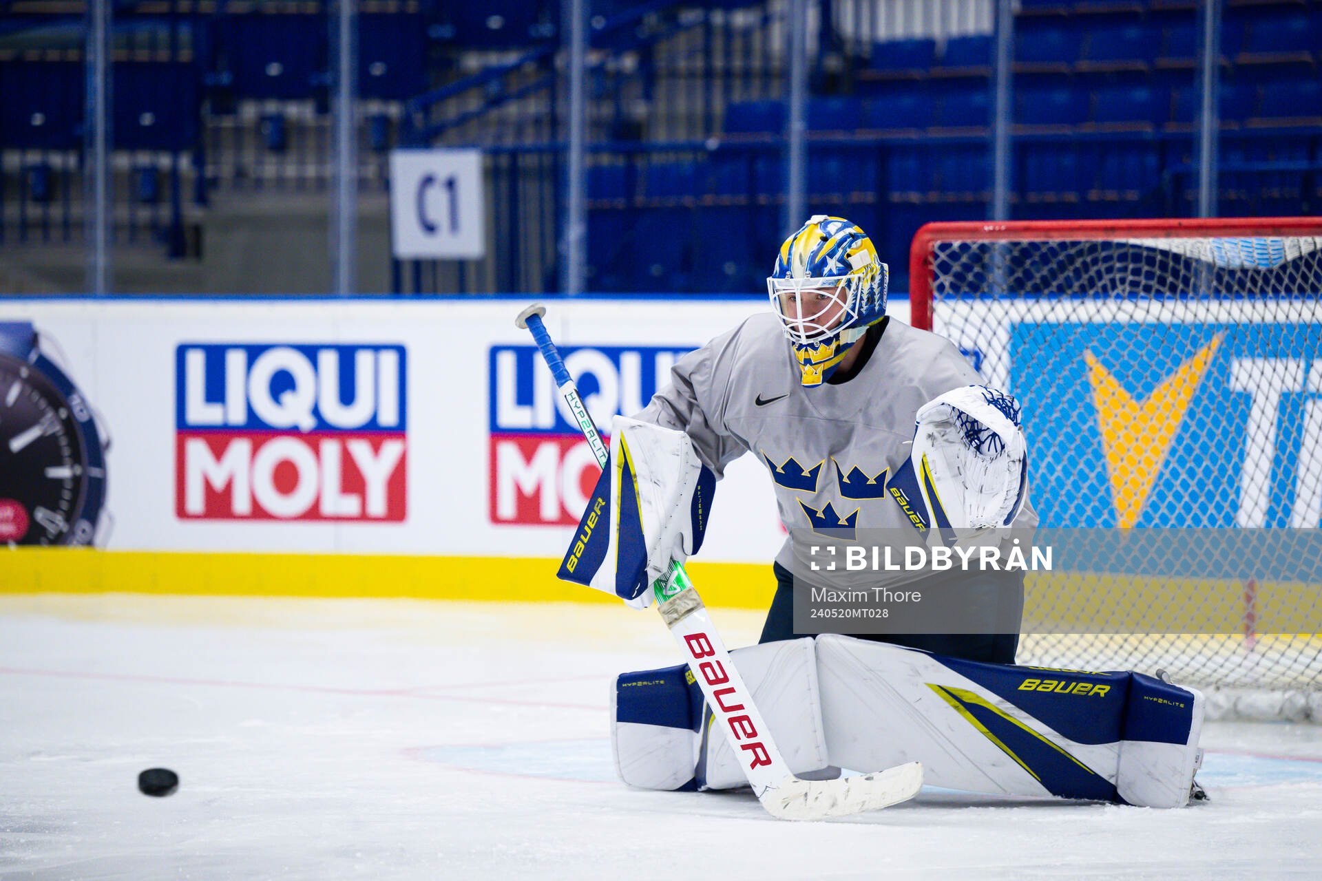 Goaltender Jesper Wallstedt of Sweden at a practice session