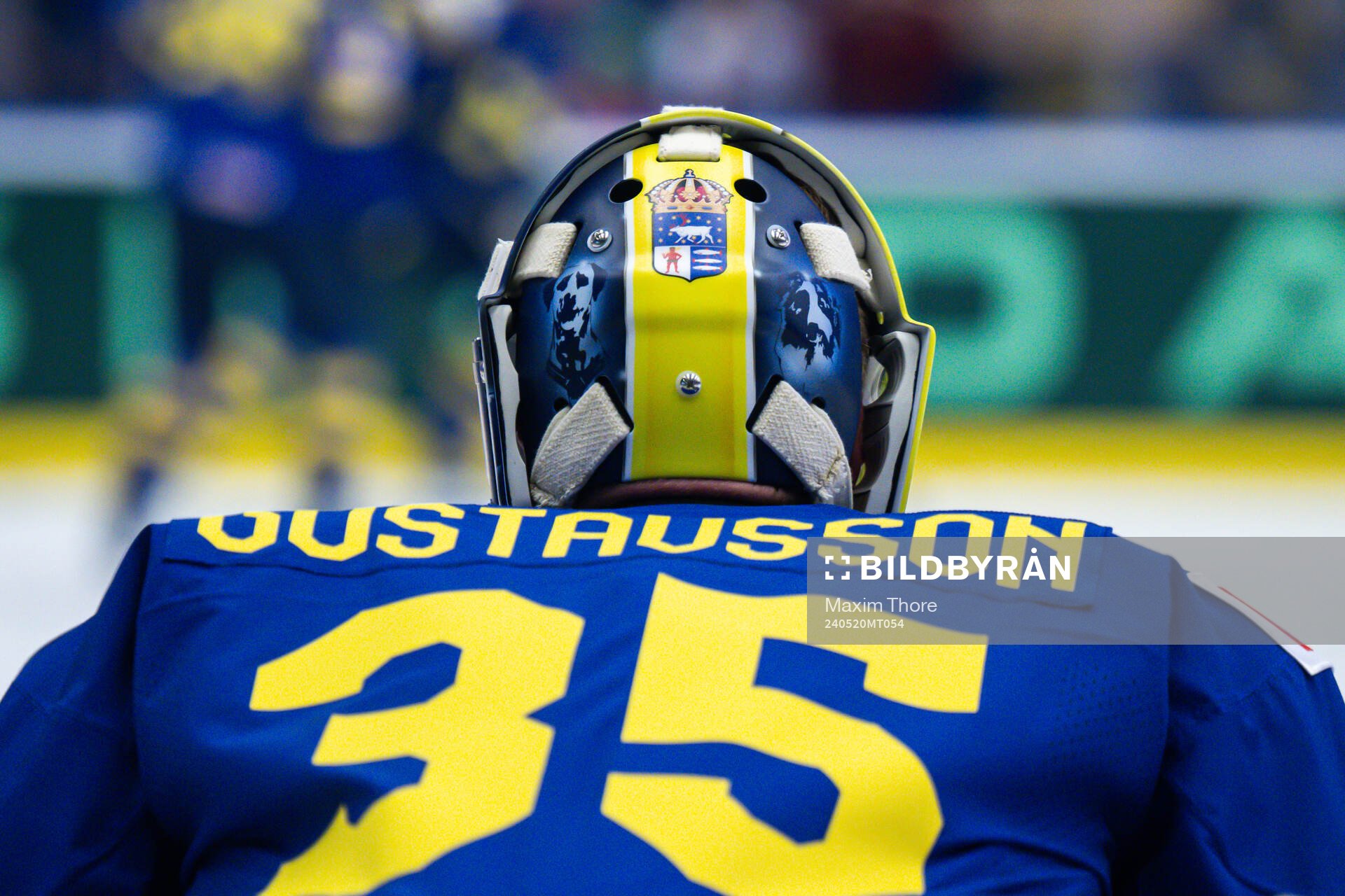 The back of goaltender Filip Gustavsson of Sweden