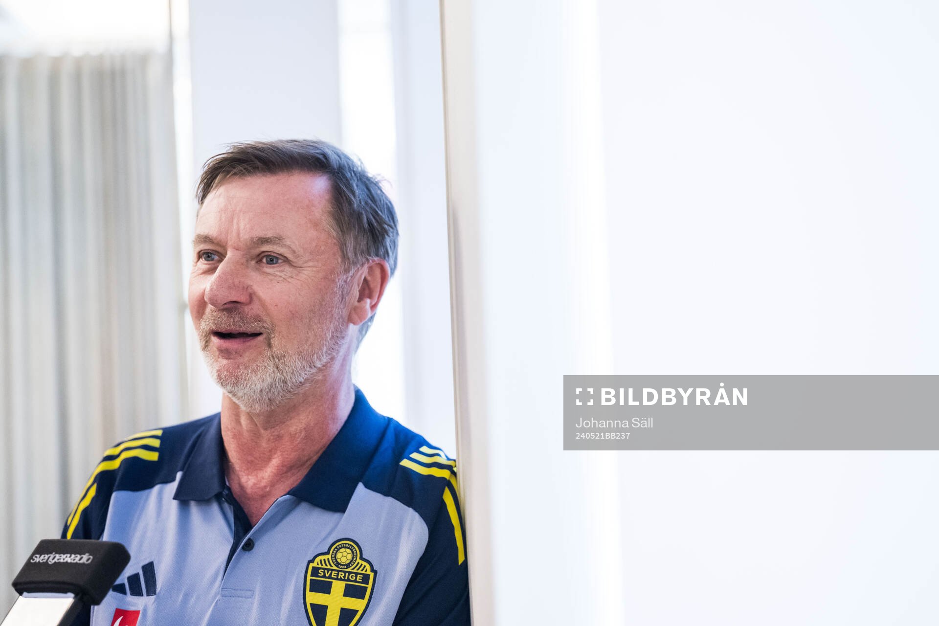 Peter Gerhardsson, head coach of the Swedish women's national football team during a press conference on May 21, 2024 in Stockholm.