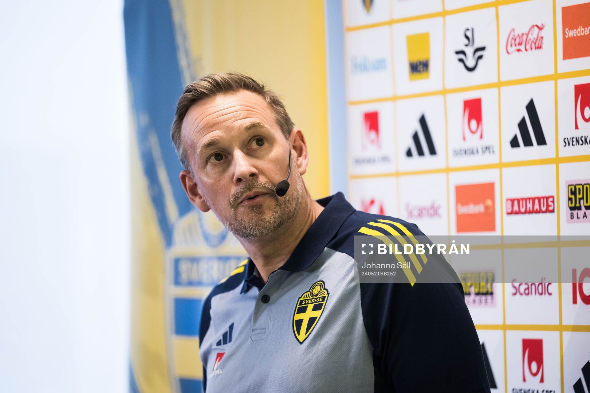 Martin Qvarmans Möller, head coach of the Swedish under-23 women's national football team during a press conference on May 21, 2024 in Stockholm.