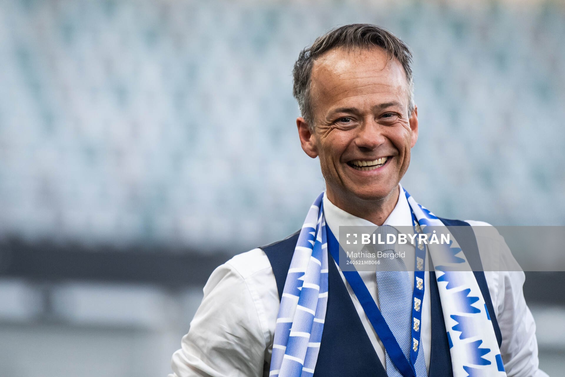 IFK Göteborgs ordförande Rickard Berkling jublar efter fotbollsmatchen i Allsvenskan mellan IFK Göteborg och Mjällby den 21 maj 2024 i Göteborg.