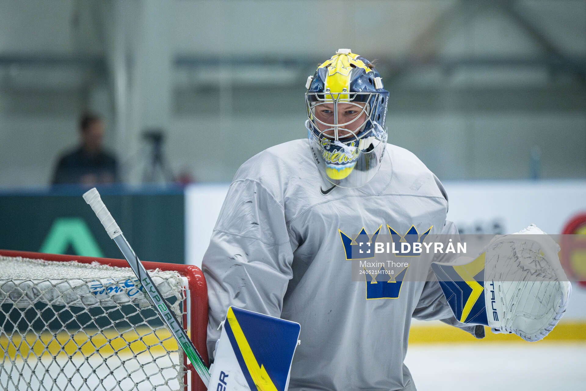 Goaltender Filip Gustavsson of Sweden at a practice session