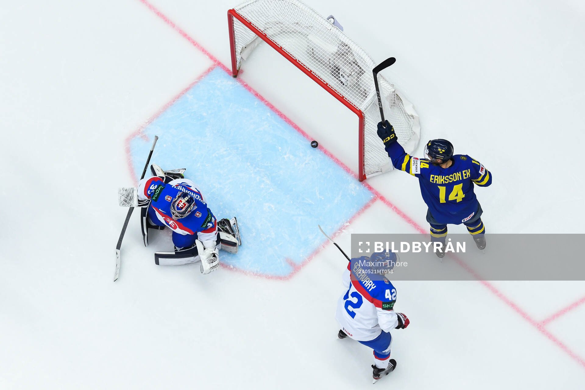 Joel Eriksson Ek of Sweden celebrates the 1-0 goal by Lucas