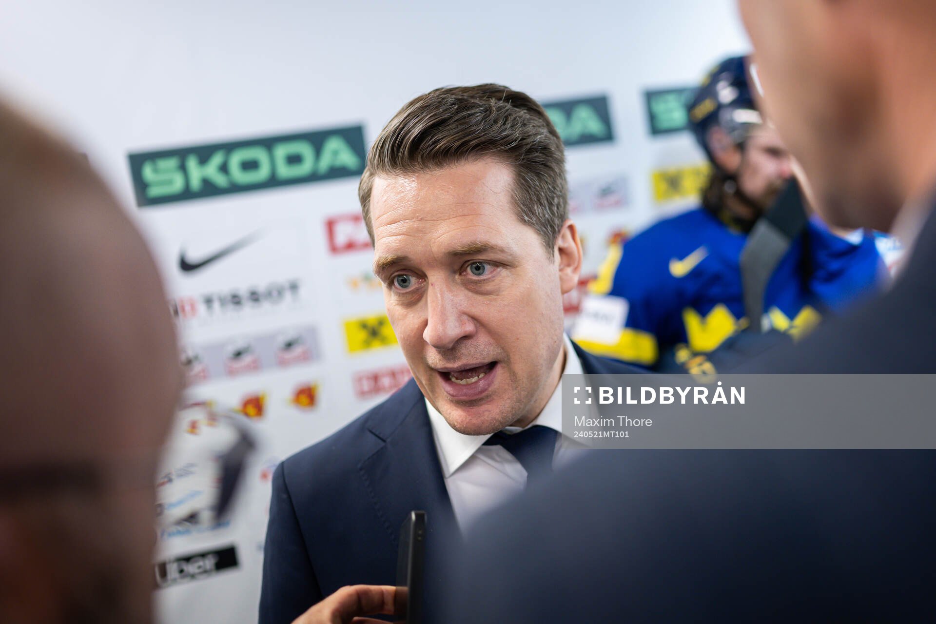Head coach Sam Hallam of Sweden the mixed zone