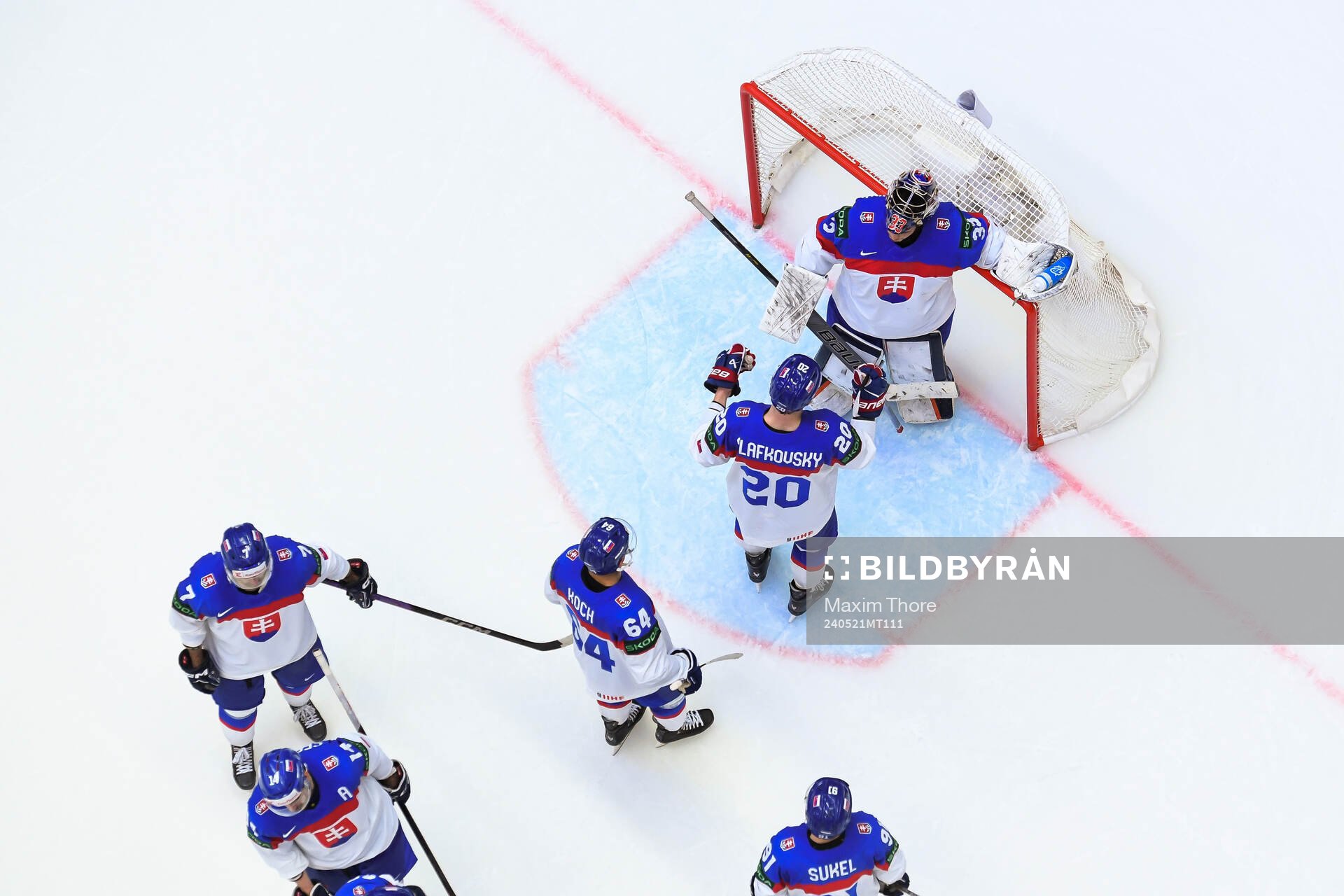 Goaltender Stanislav Skorvanek of Slovakia with temmates