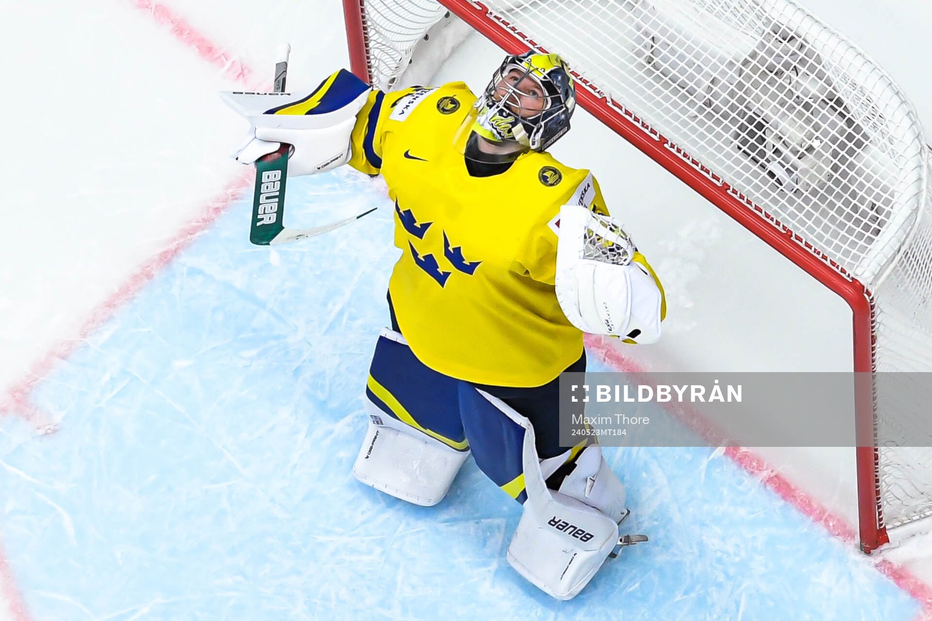 Goaltender Filip Gustavsson of Sweden celebrates