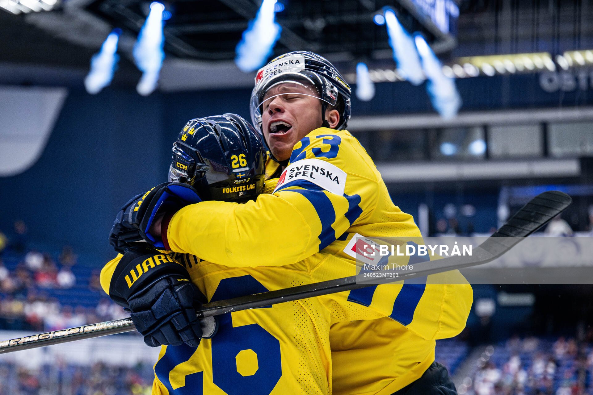 Lucas Raymond and Rasmus Dahlin of Sweden celebrate the 1-0