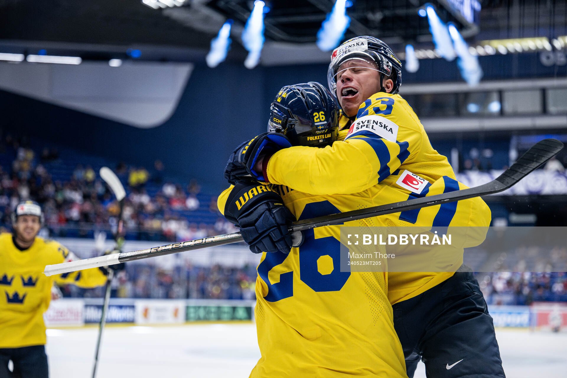 Lucas Raymond and Rasmus Dahlin of Sweden celebrate the 1-0