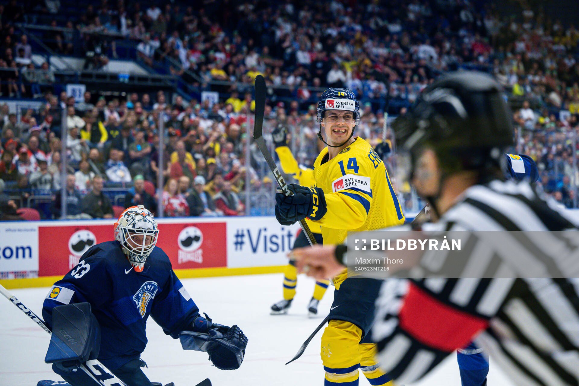 Joel Eriksson Ek of Sweden celebrates scoring the game