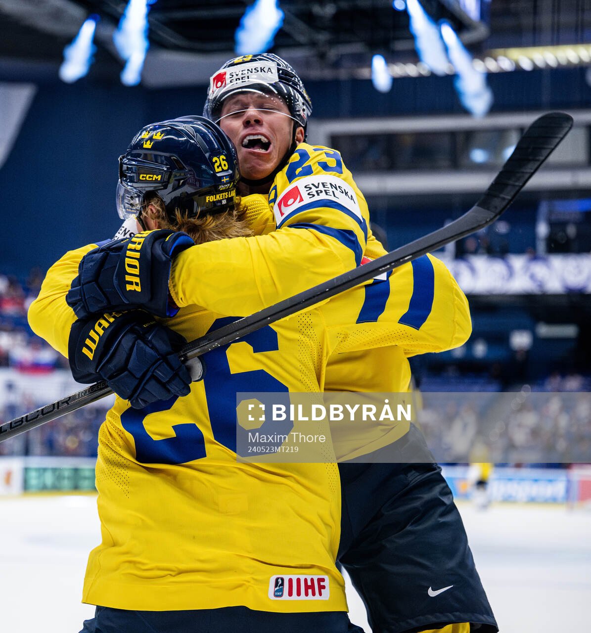 Lucas Raymond and Rasmus Dahlin of Sweden celebrate the 1-0