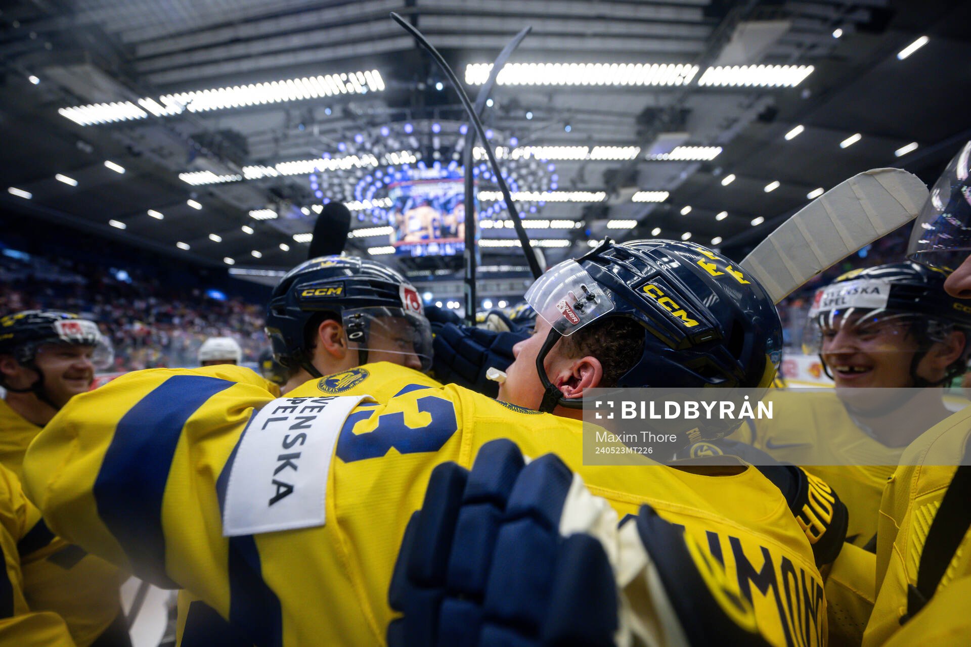 Joel Eriksson Ek and Lucas Raymond of Sweden celebrate