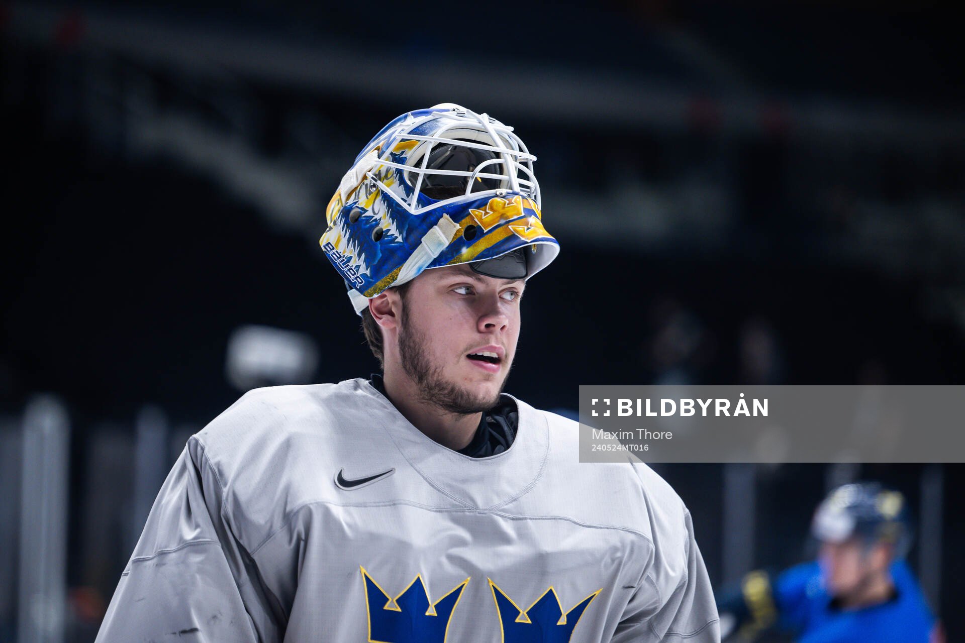 Goaltender Jesper Wallstedt of Sweden at a practice session