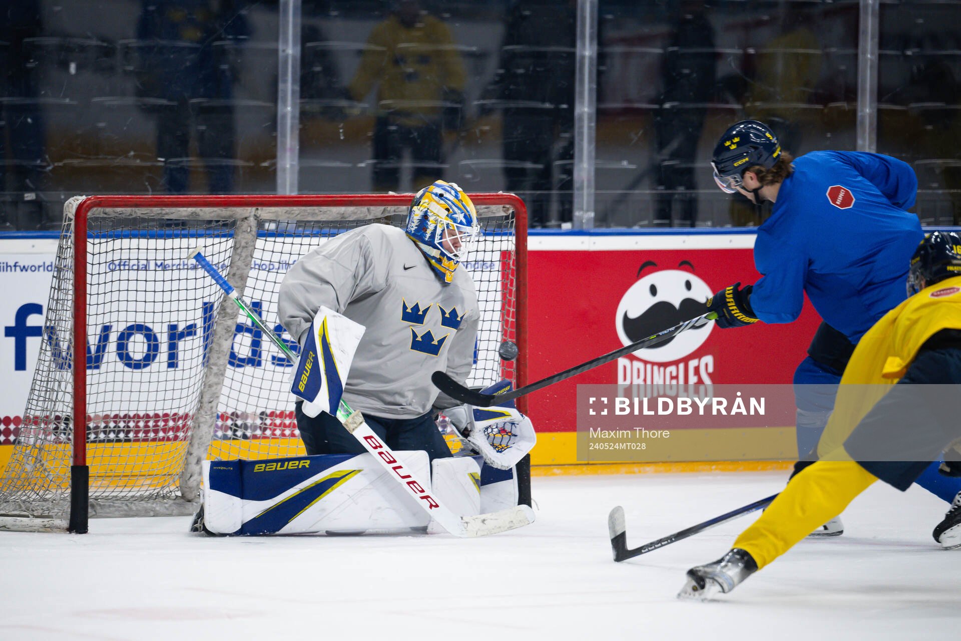 Goaltender Jesper Wallstedt of Sweden at a practice session
