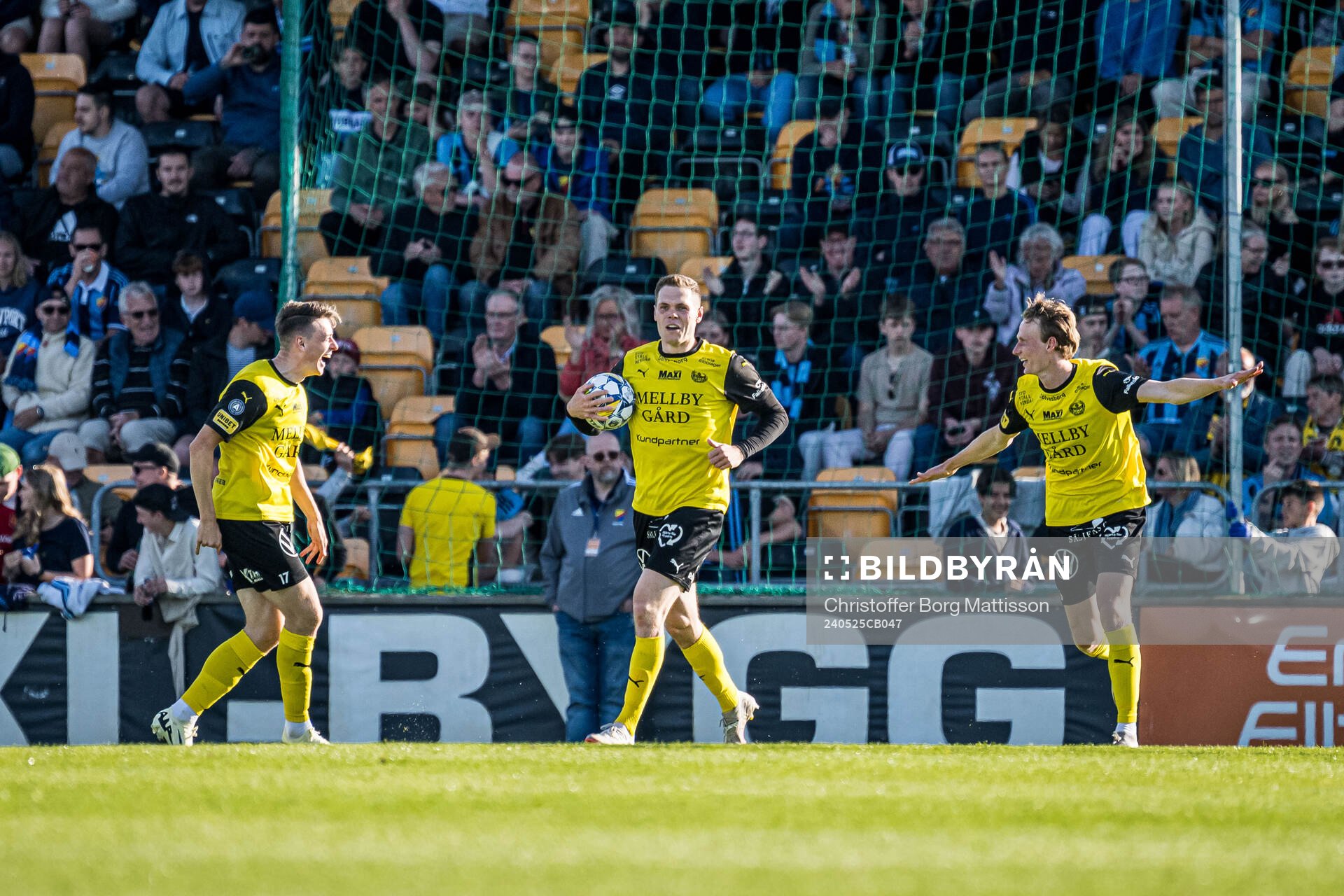 Mjällbys Elliot Stroud, Jacob Bergström och Alexander Johansson jublar efter 1-2 under fotbollsmatchen i Allsvenskan mellan Mjällby och Djurgården den 25 maj 2024 i Hällevik.