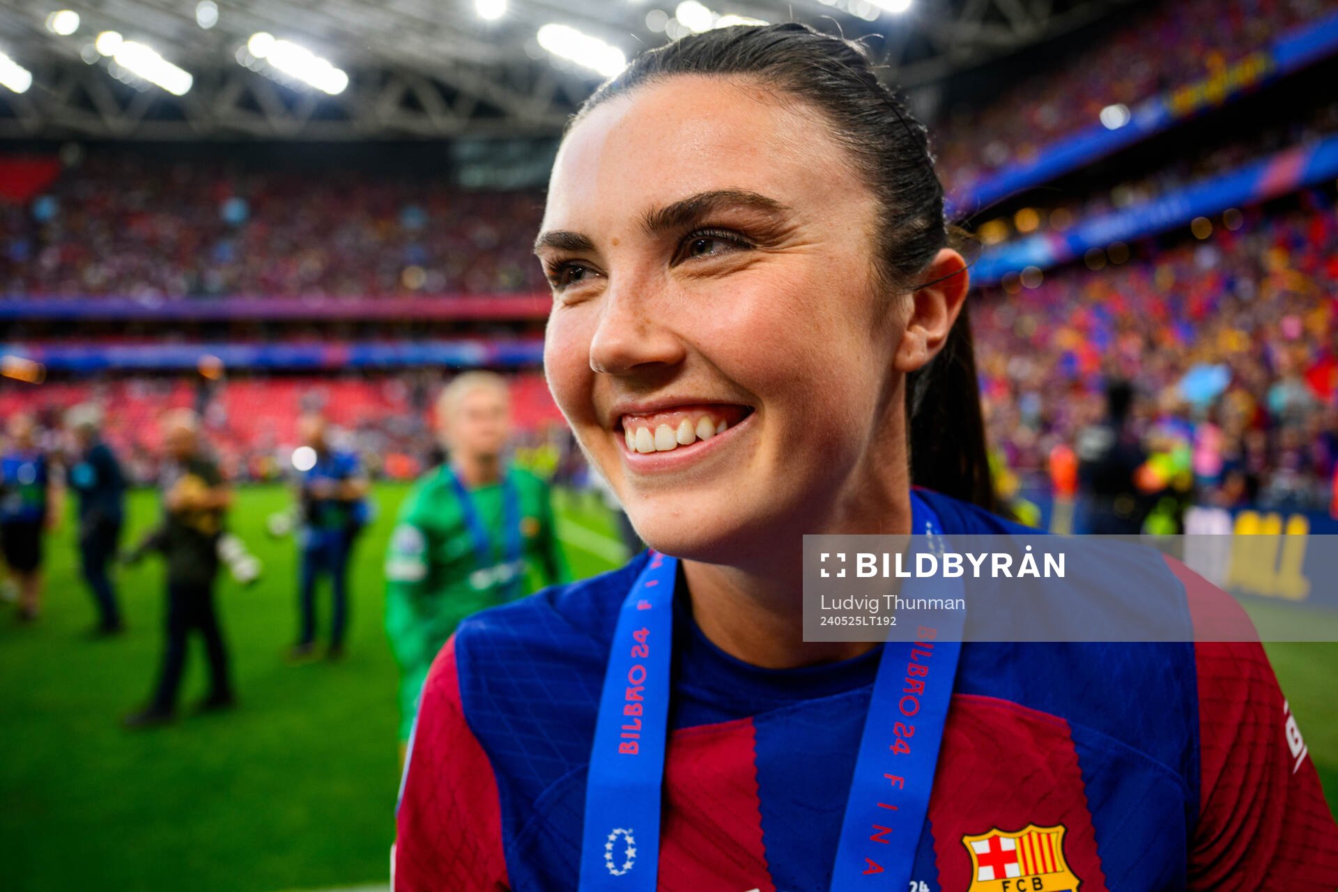 Ingrid Syrstad Engen of Barcelona celebrates with her gold medal after the UEFA Women's Champions League final between Barcelona and Lyon on May 25, 2024 in Bilbao. 