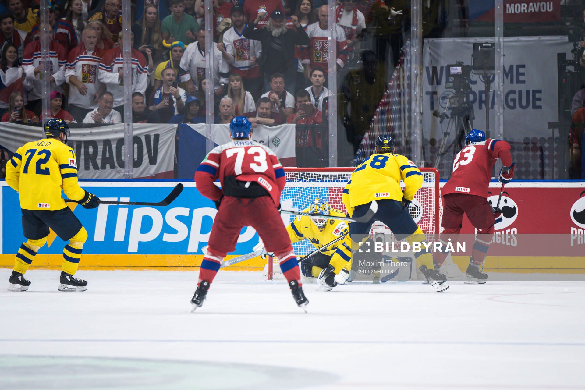Lukas Sedlak of Czech Republic scores 7-3 behind goaltender