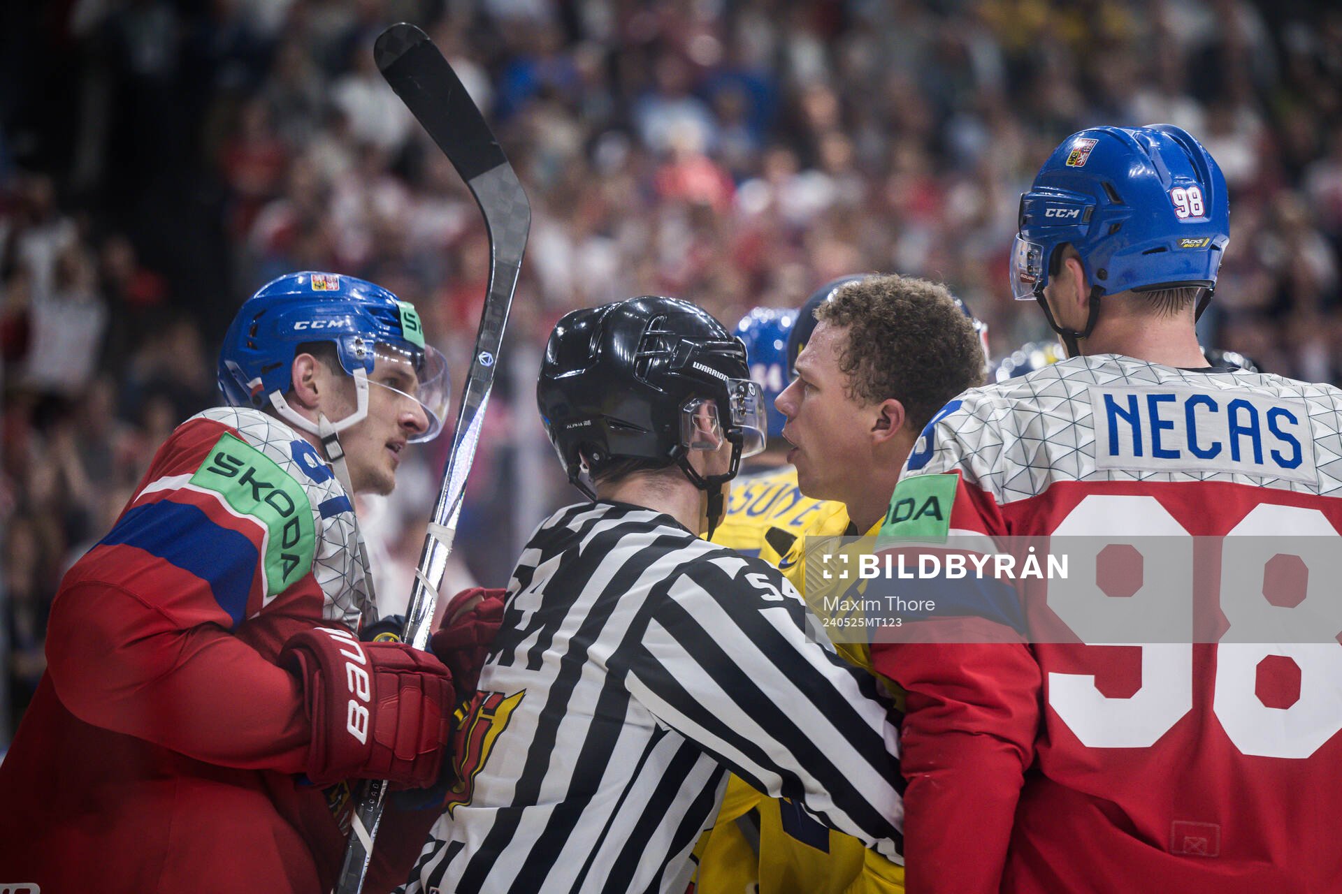 Dominik Kubalik of Czech Republic fights with Lucas Raymond
