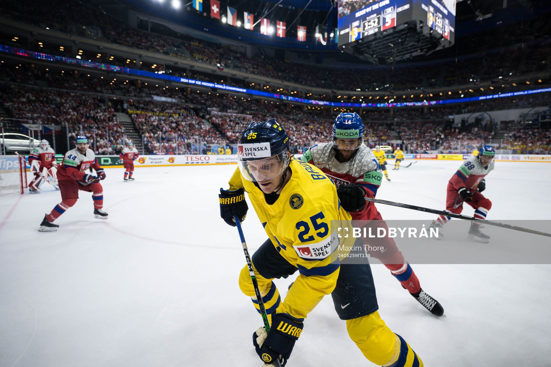 Jonas Brodin of Sweden and Pavel Zacha of Czech Republic