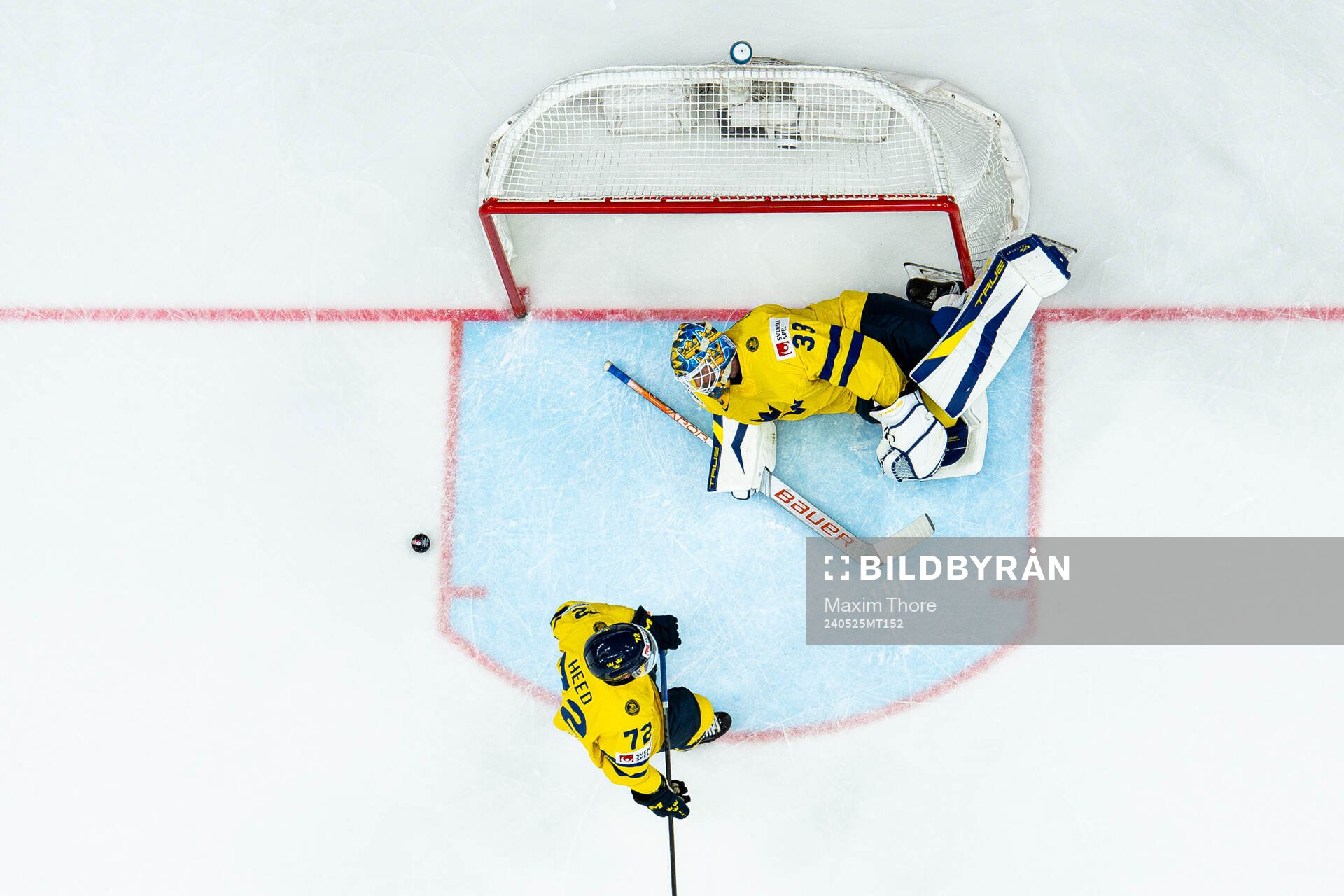 Goaltender Samuel Ersson and Tim Heed of Sweden look