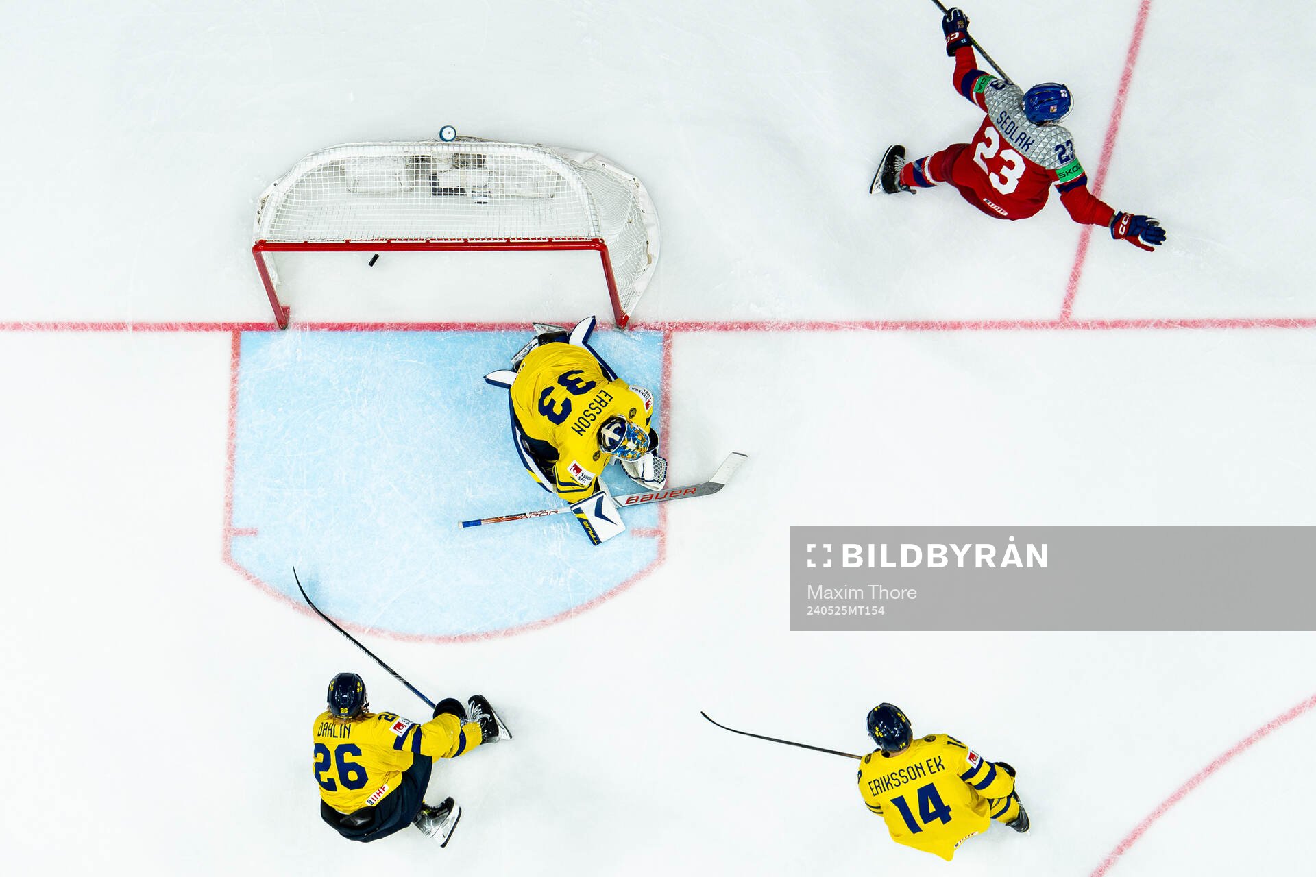 Goaltender Samuel Ersson, Rasmus Dahlin and Joel Eriksson