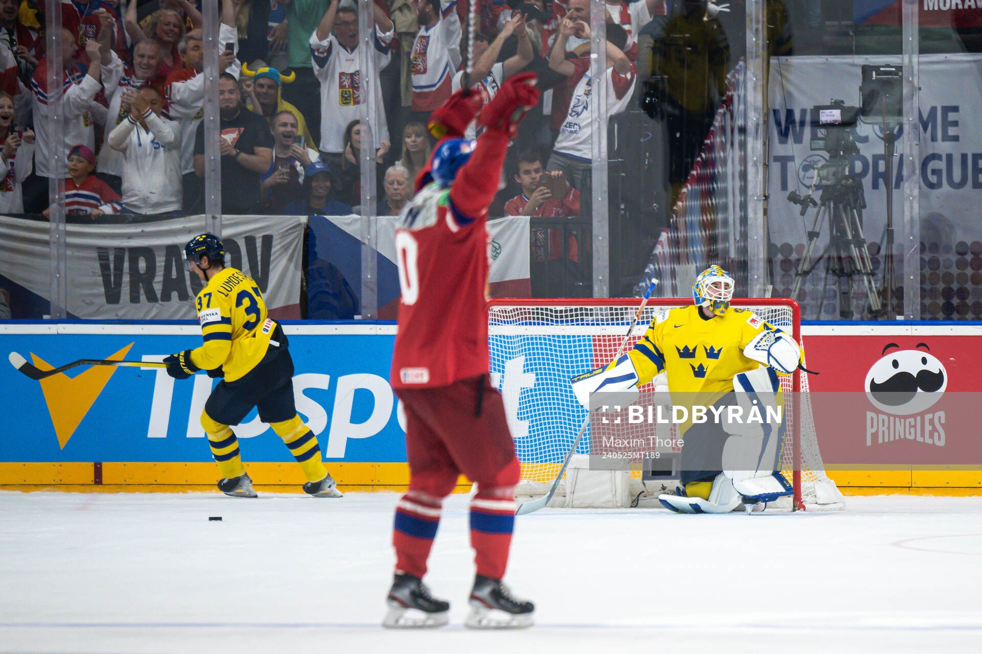 Goaltender Samuel Ersson of Sweden looks dejected