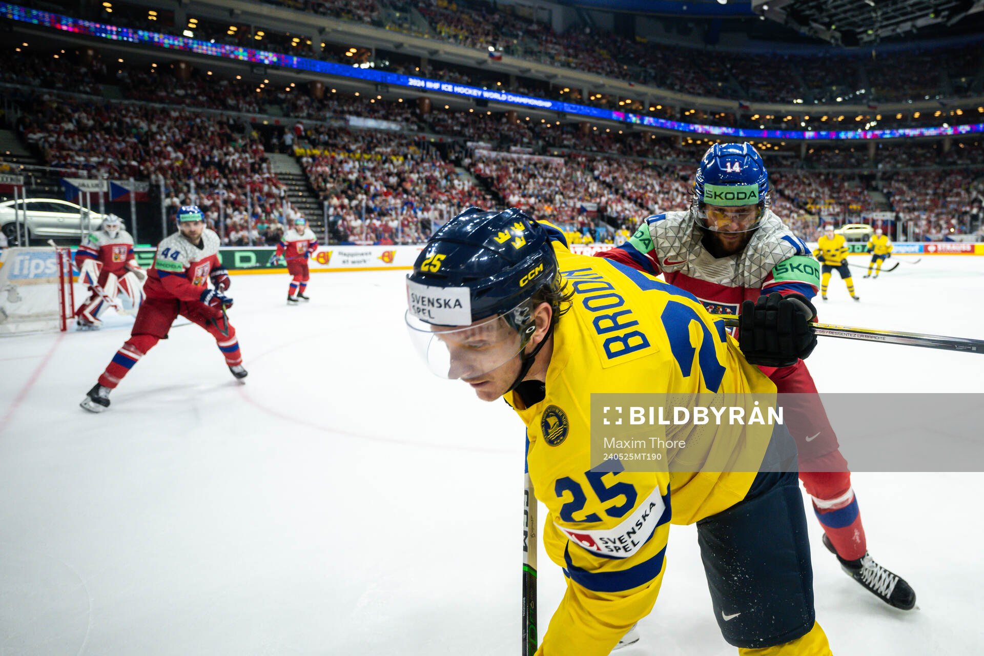Pavel Zacha of Czech Republic and Jonas Brodin of Sweden