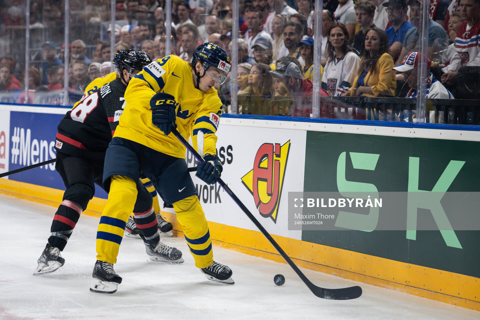 Damon Severson of Canada and Pontus Holmberg of Sweden