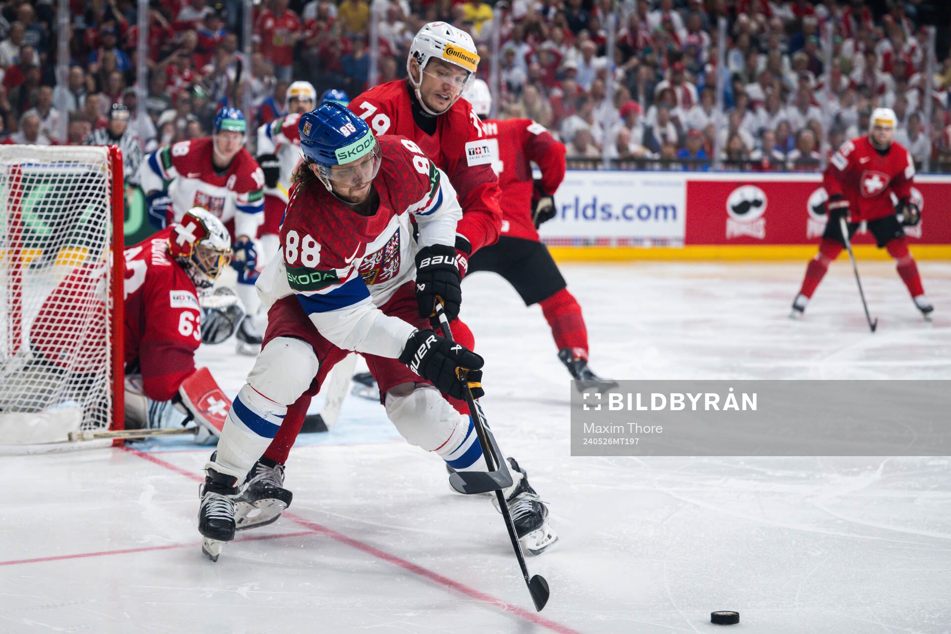 David Pastrnak of Czech Republic and Calvin Thurkauf of