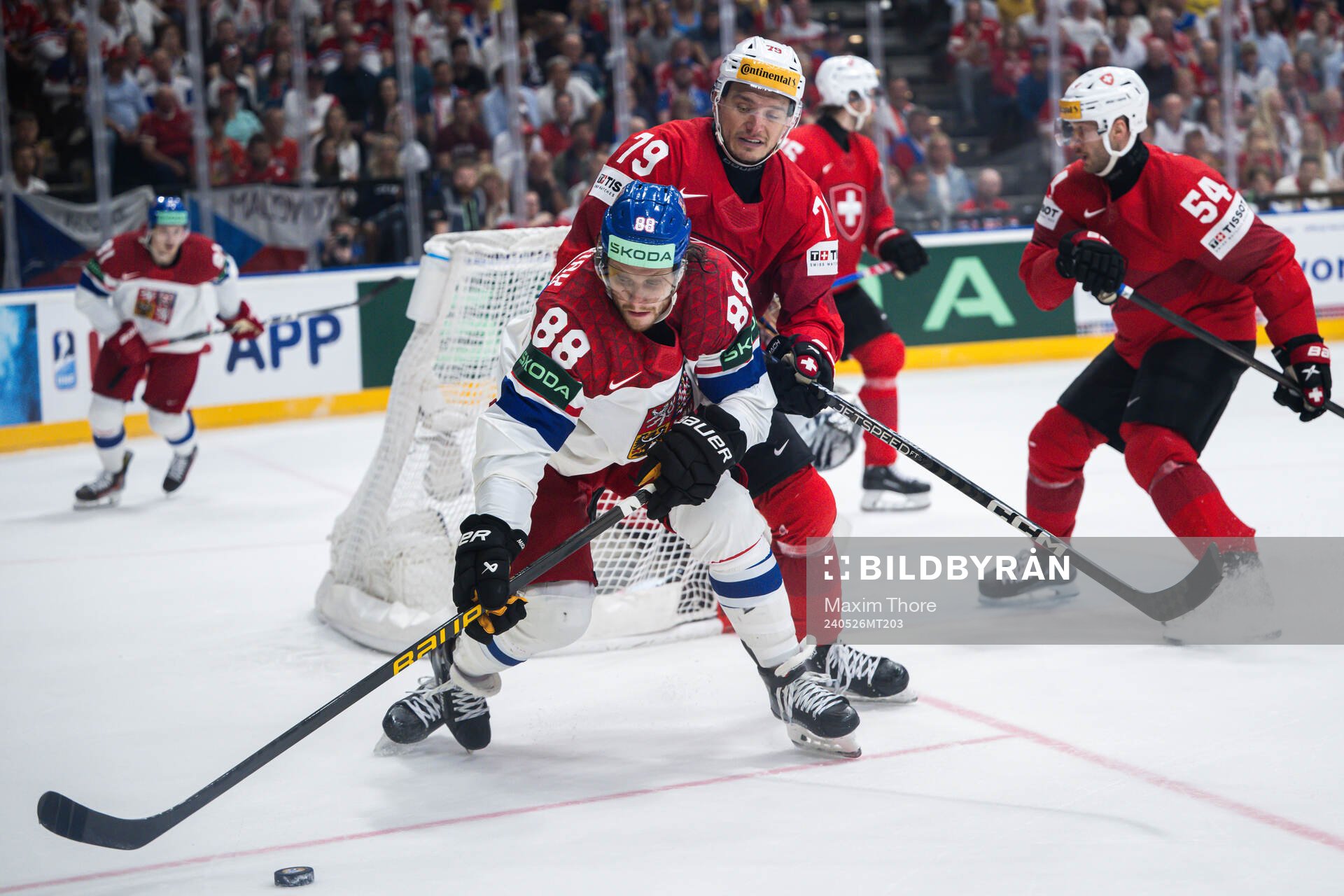 David Pastrnak of Czech Republic and Calvin Thurkauf of