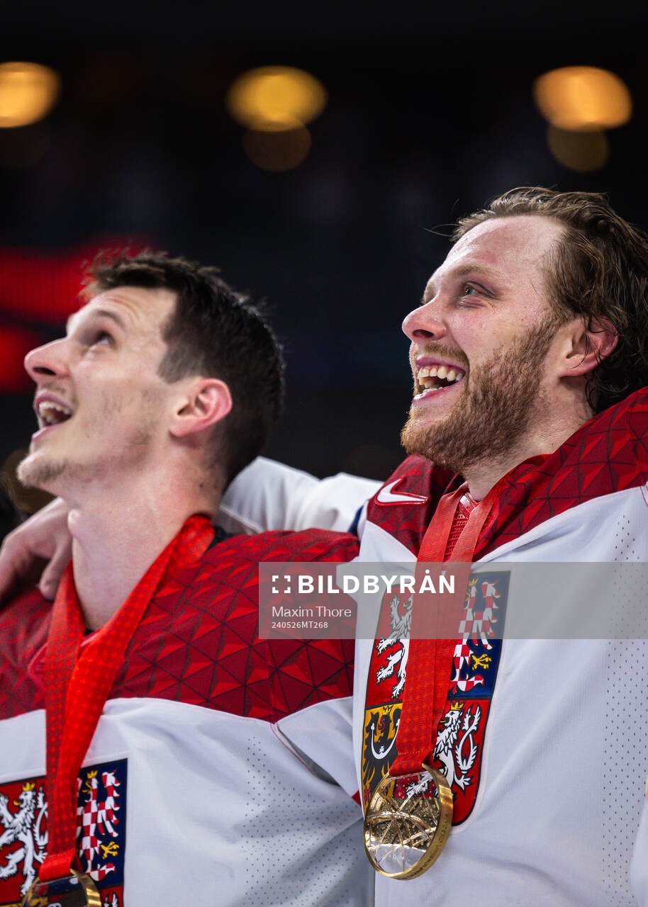 David Pastrnak of Czech Republic with his gold medal