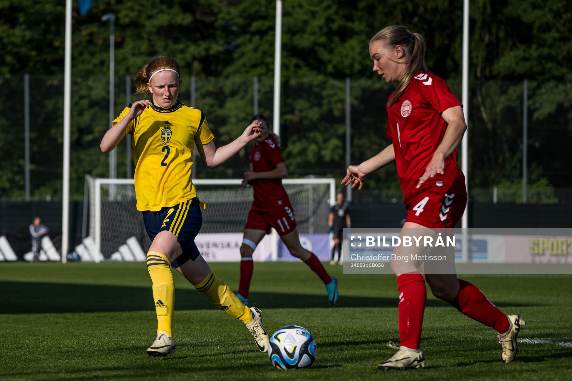 Vera Andersson of Sweden and Andrea Termansen of Denmark during the international friendly match between Sweden and Denmark on May 31, 2024 in Kristianstad.