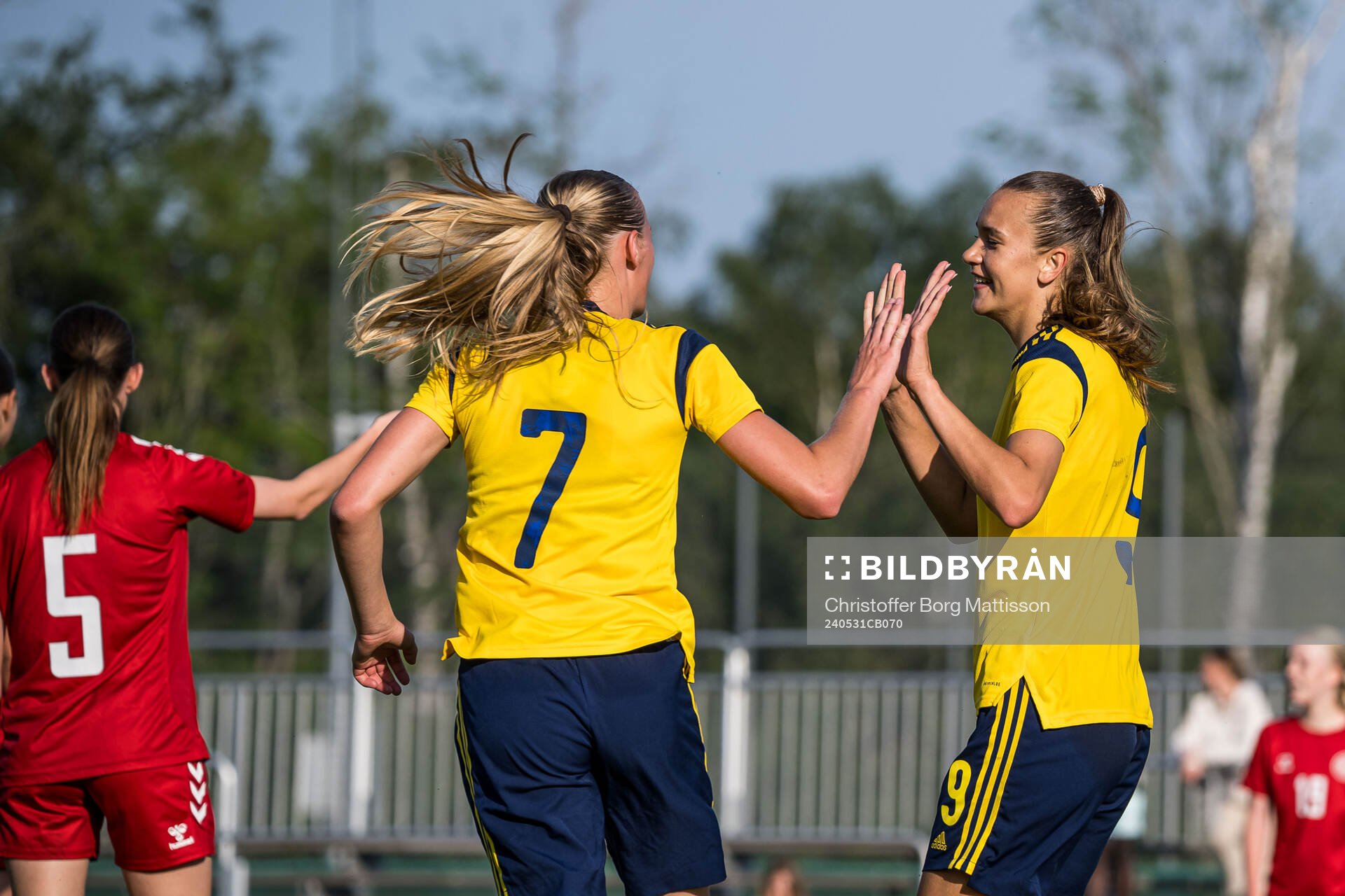 Lykke Ihrfelt and Bianca Hultbäck Nattland of Sweden celebrates after 3-1 during the international friendly match between Sweden and Denmark on May 31, 2024 in Kristianstad.