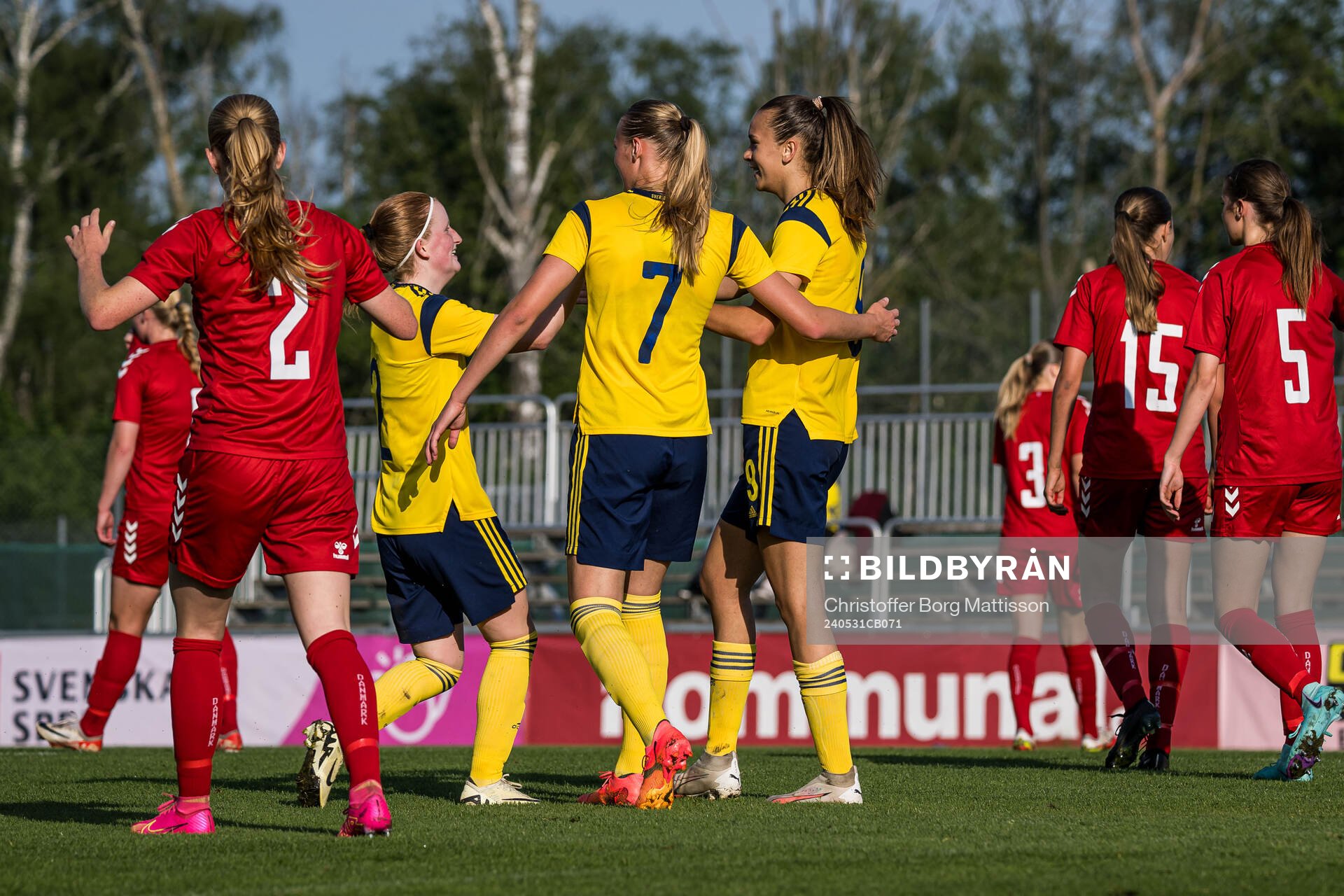 Vera Andersson, Lykke Ihrfelt and Bianca Hultbäck Nattland of Sweden celebrates after 3-1 during the international friendly match between Sweden and Denmark on May 31, 2024 in Kristianstad.