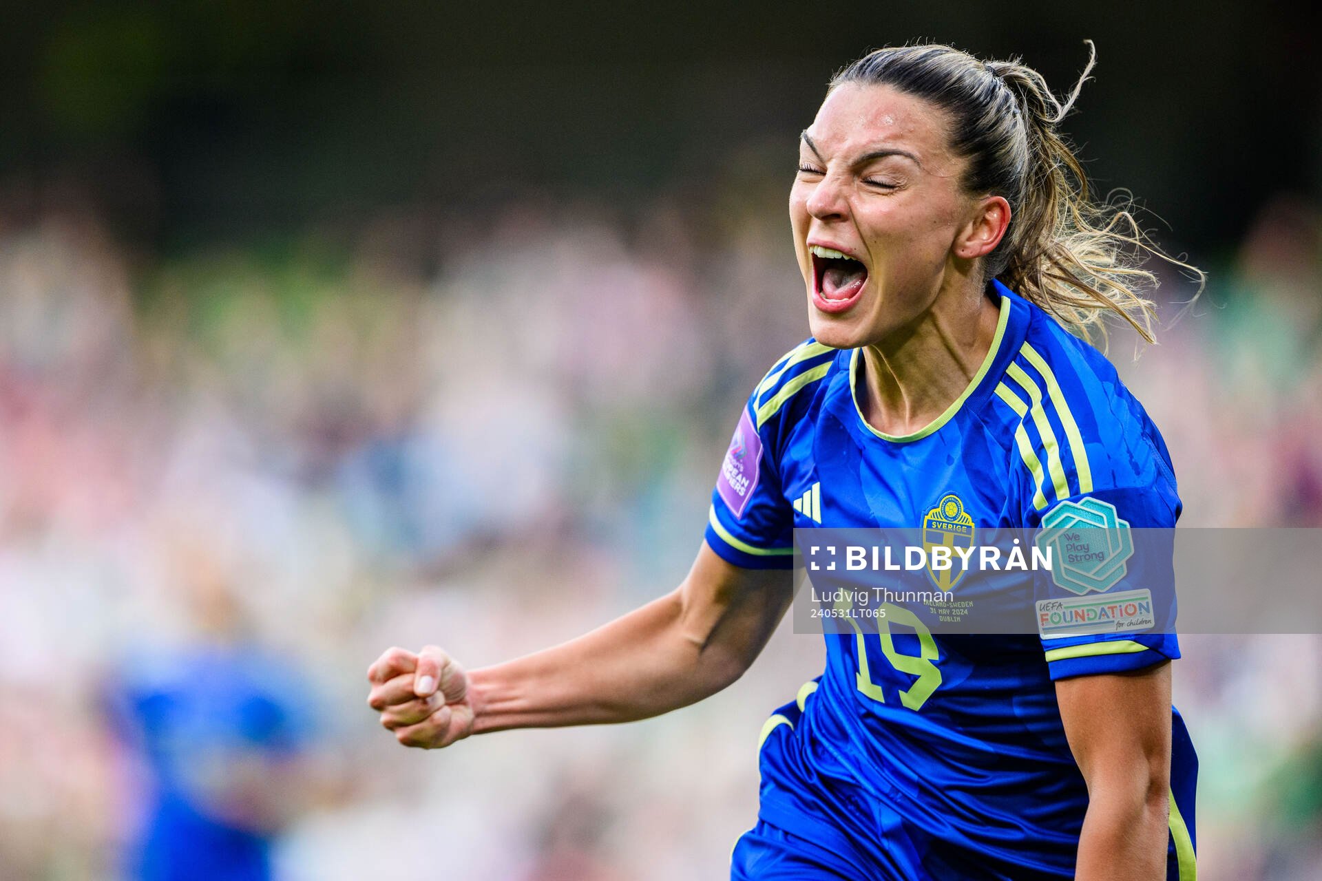 Johanna Rytting Kaneryd of Sweden celebrates after 0-1 during the UEFA Women's Euro Qualifying football match between Ireland and Sweden on May 31, 2024 in Dublin. 