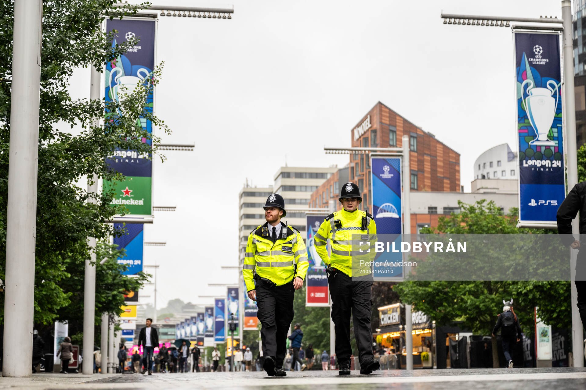 Police officers are seen outside the stadium