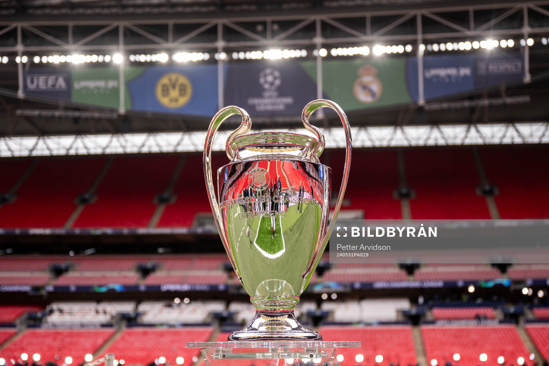 The Champions League trophy is displayed inside the stadium ahead of the UEFA Champions League final between Dortmund and Real Madrid on May 31, 2024 in London.