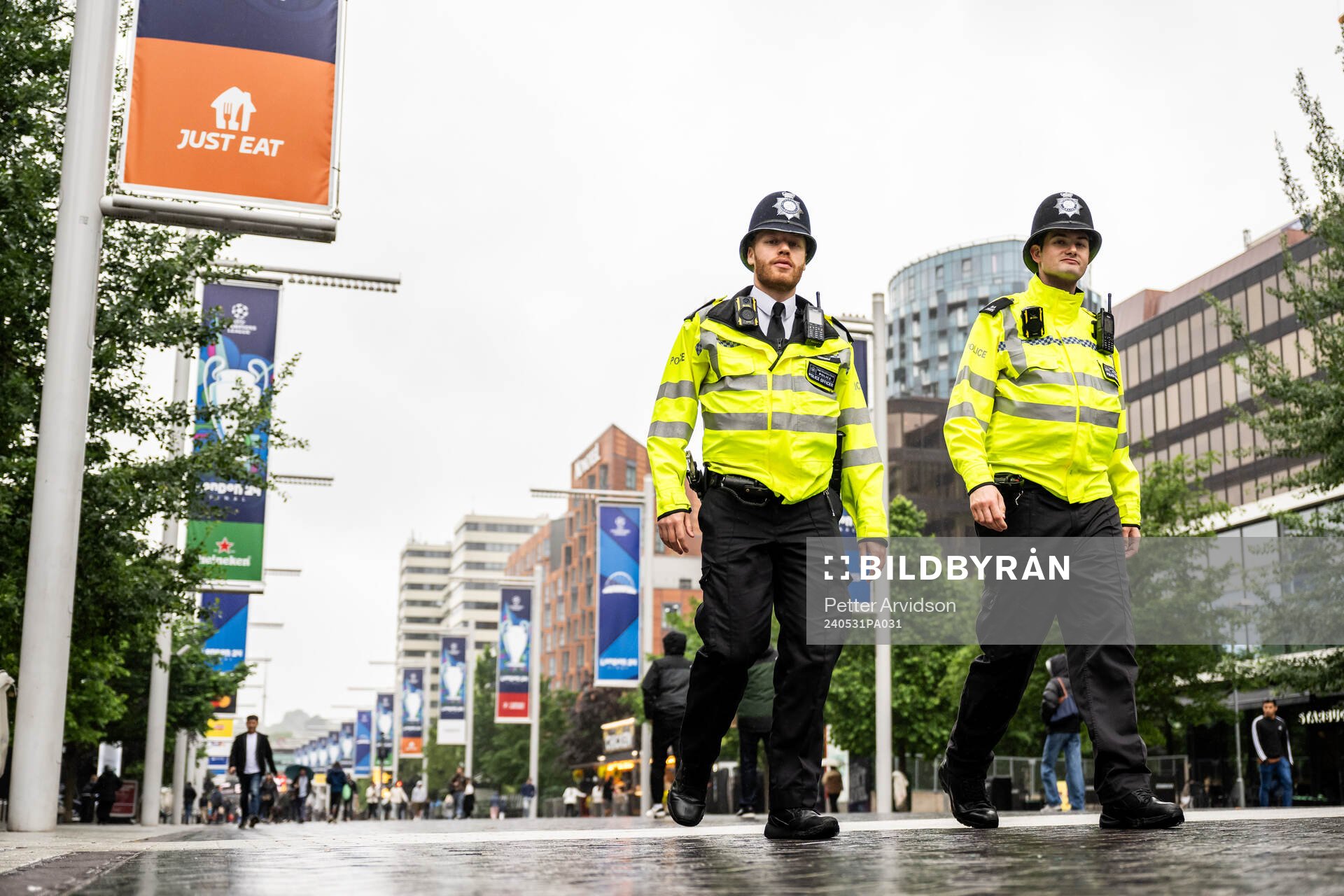 Police officers are seen outside the stadium