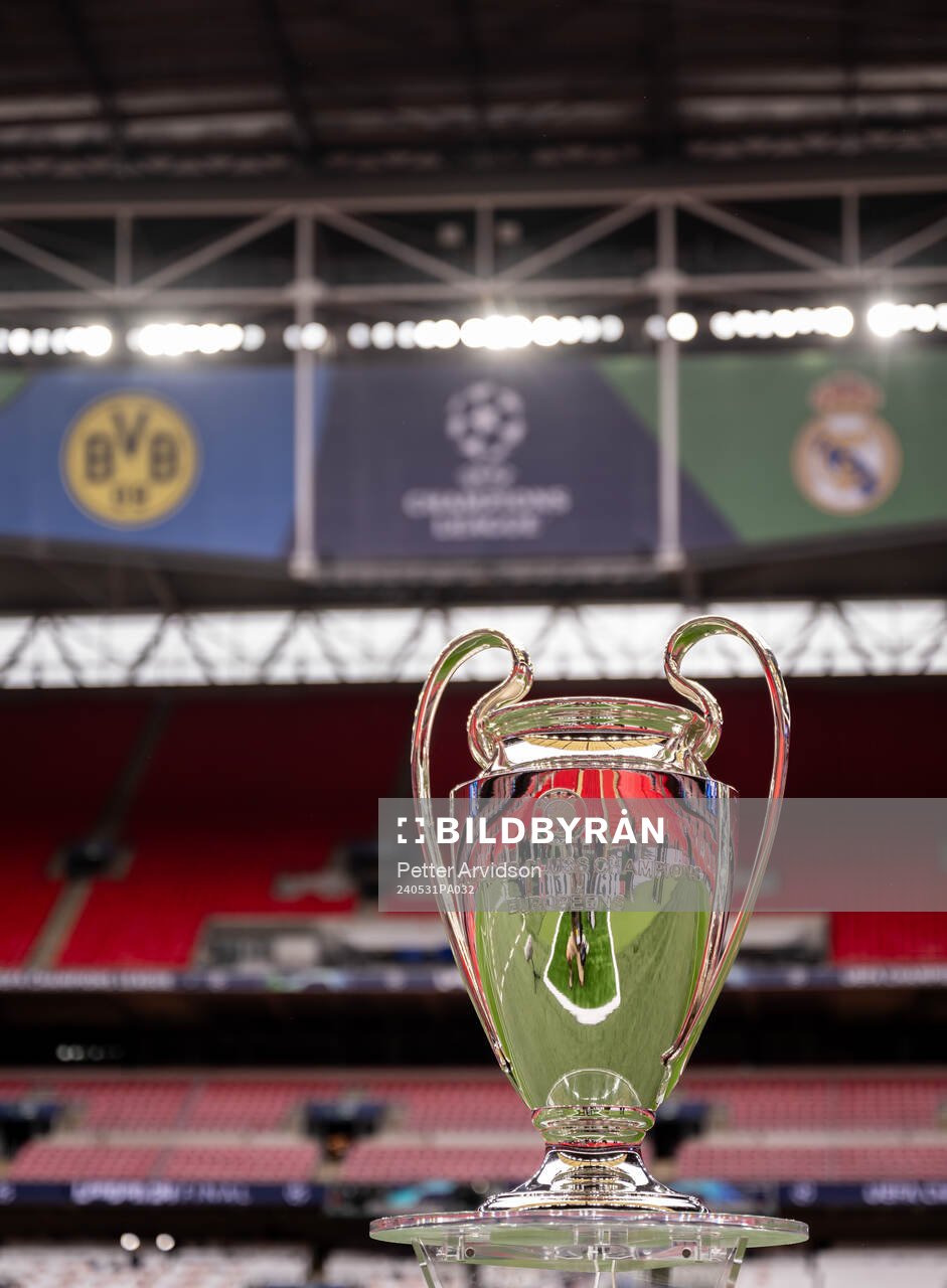 The Champions League trophy is displayed inside the stadium ahead of the UEFA Champions League final between Dortmund and Real Madrid on May 31, 2024 in London.