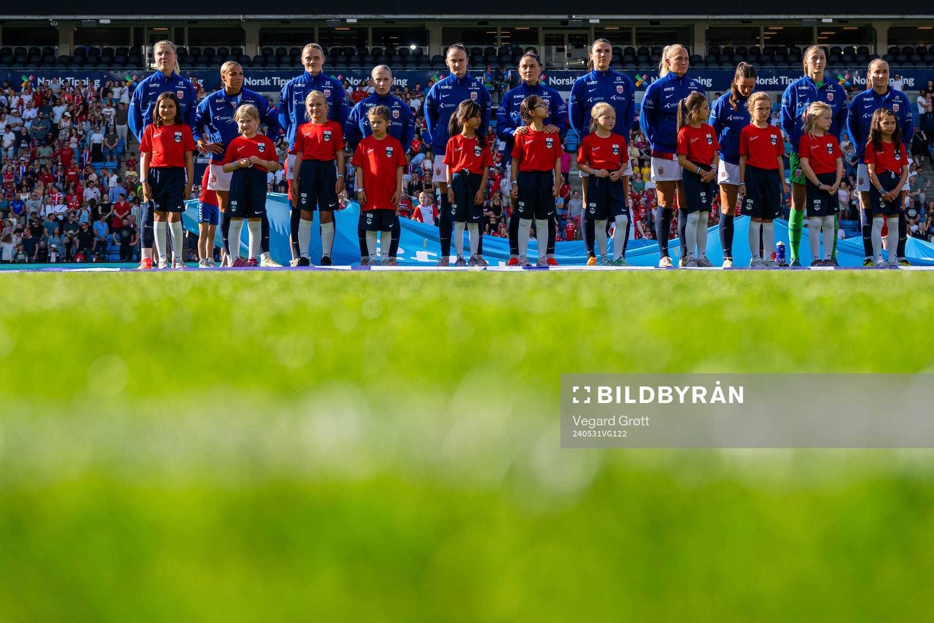 Players of Norway line up ahead of the UEFA Women's Euro Qualifier football match between Norway and Italy on May 31, 2024 in Oslo. From left: Sophie Roman Haug, Celin Bizet Ildhusøy, Mathilde Harviken, Thea Bjelde, Caroline Graham Hansen, Vilde Bøe Risa, Ingrid Syrstad Engen, Guro Bergsvand, Tuva Hansen, goalkeeper Cecilie Fiskerstrand and Guro Reiten.