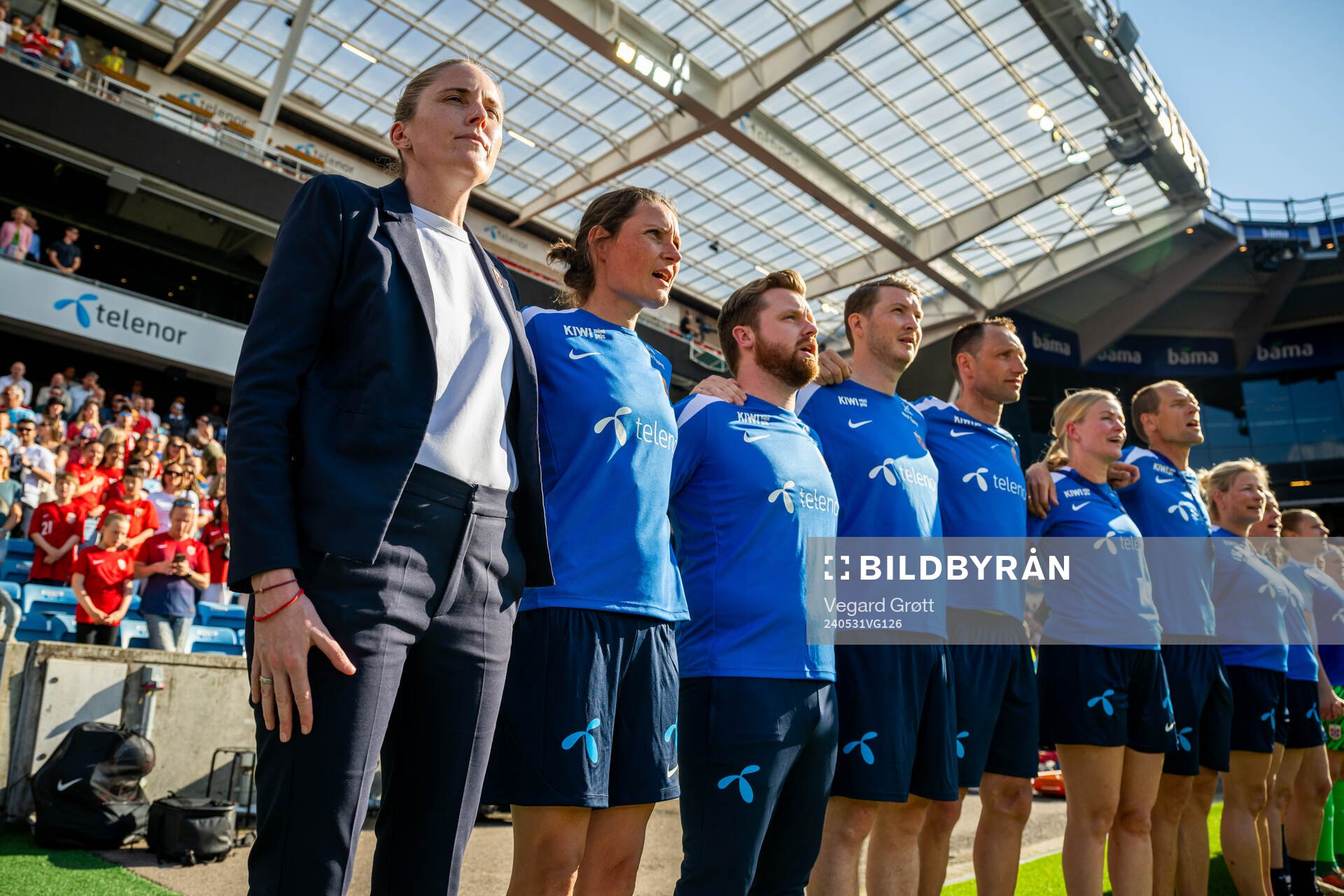 Gemma Grainger, head coach of Norway, Ingvild Stensland, assistant coach, Fredrik Vold, analyst, Marius Eriksrud, masseur, Terje Skjeldestad, goalkeeper coach, Jeanette Ringstad, team manager, Trygve Hunemo, doctor, and staff ahead of the UEFA Women's Euro Qualifier football match between Norway and Italy on May 31, 2024 in Oslo.