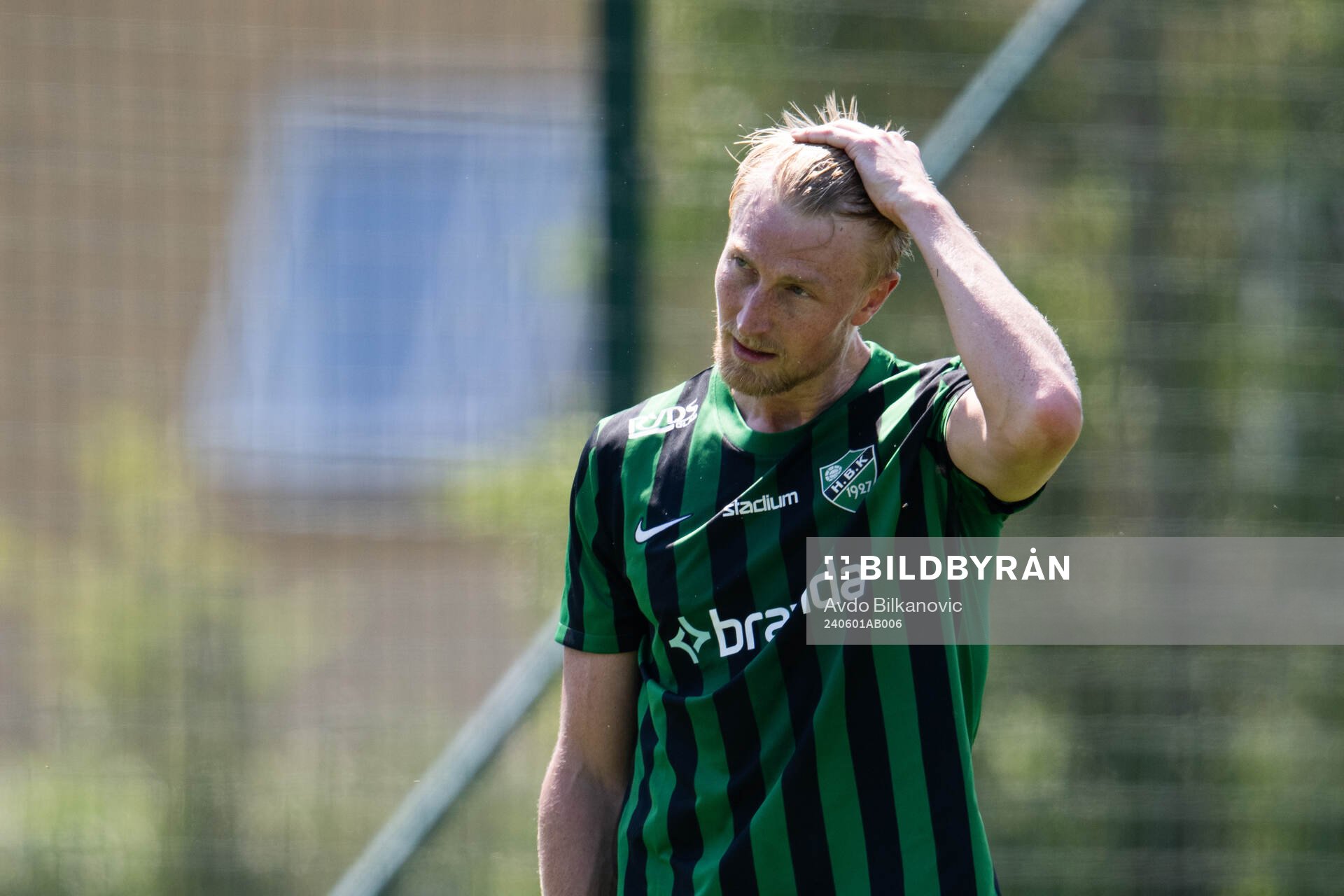 Högaborgs Viktor Wihlstrand under fotbollsmatchen i Division 2 mellan Högaborg och Hässleholms IF den 1 juni 2024 i Helsingborg. 

