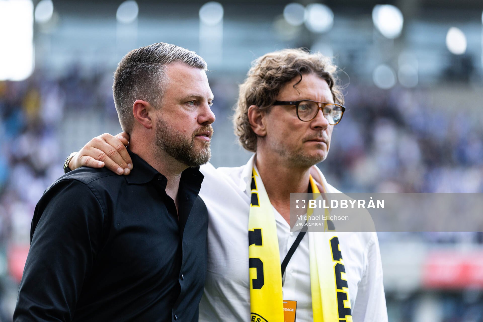 Elfsborgs manager Jimmy Thelin och klubbchef Stefan Andreasson efter fotbollsmatchen i Allsvenskan mellan IFK Göteborg och Elfsborg den 1 juni 2024 i Göteborg.