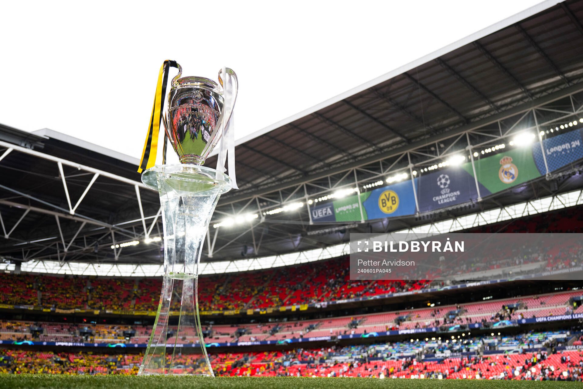 The Champions League trophy is displayed inside the stadium ahead of the UEFA Champions League final between Dortmund and Real Madrid on June 1, 2024 in London.